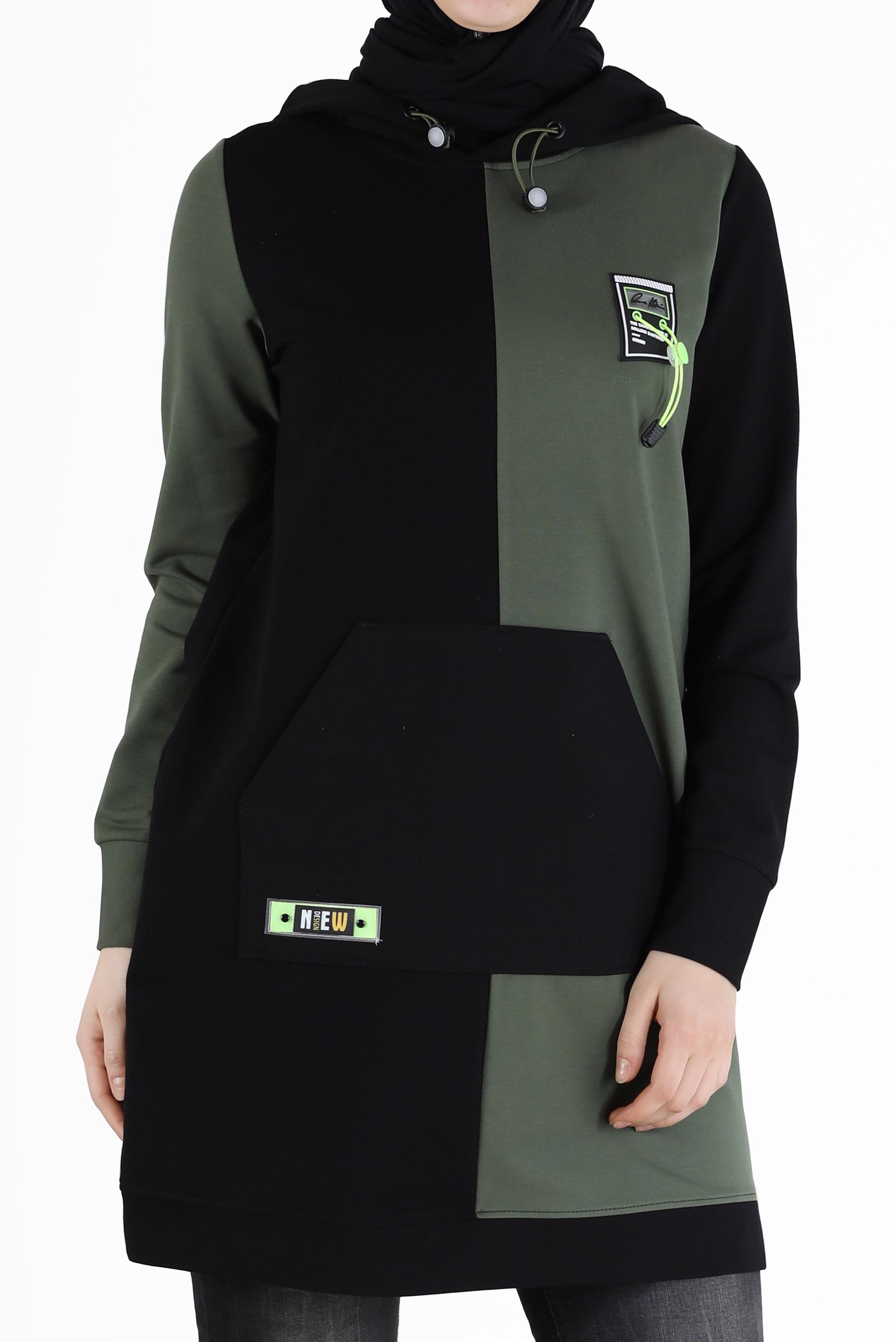 Tesettür giyim SİYAH YAZI DETAYLI CEPLİ 2 RENKLİ EŞOFMAN TUNİK 42177 