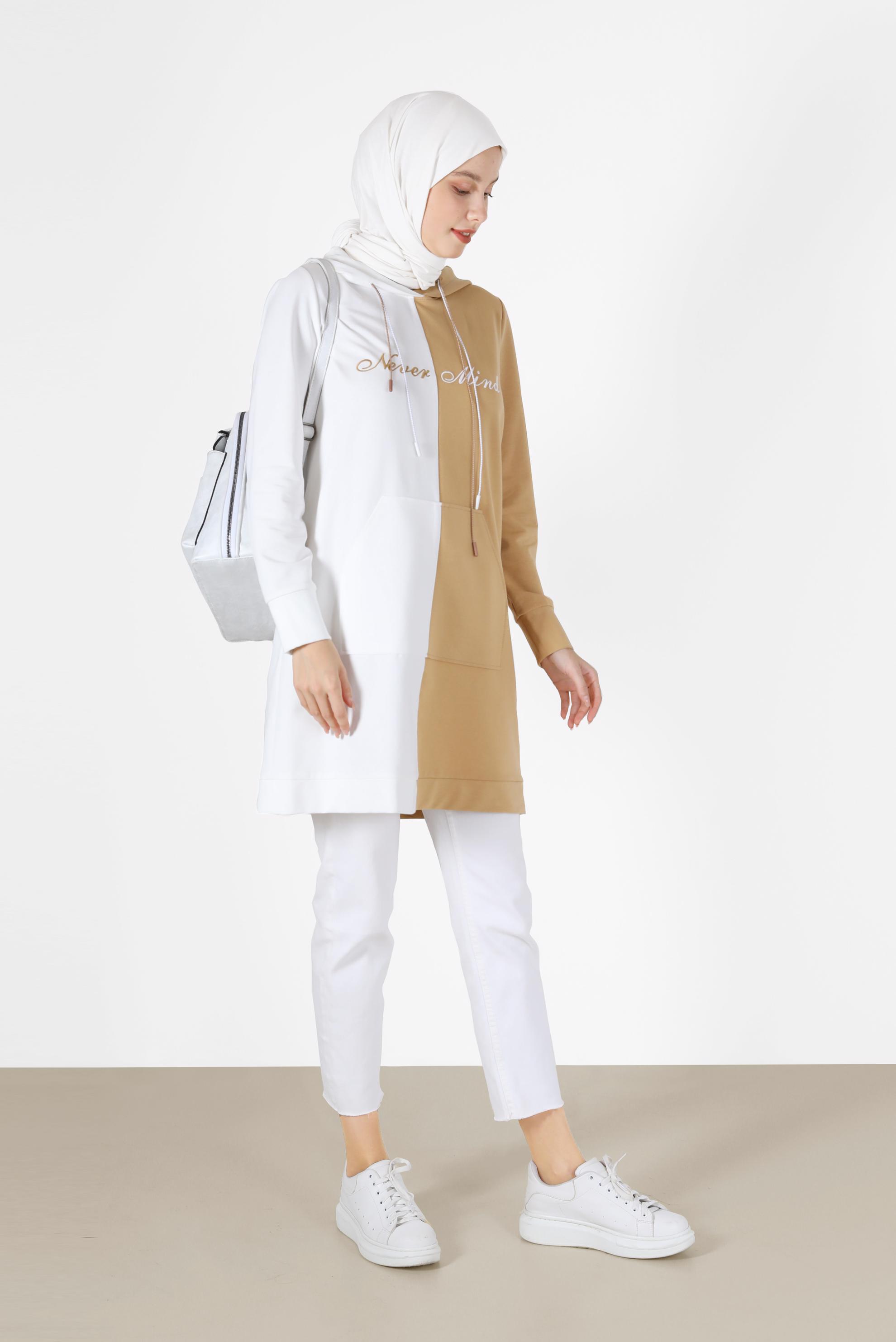 Tesettür giyim KAHVE İKİ RENKLİ YAZI BASKILI EŞOFMAN TUNİK 42178	