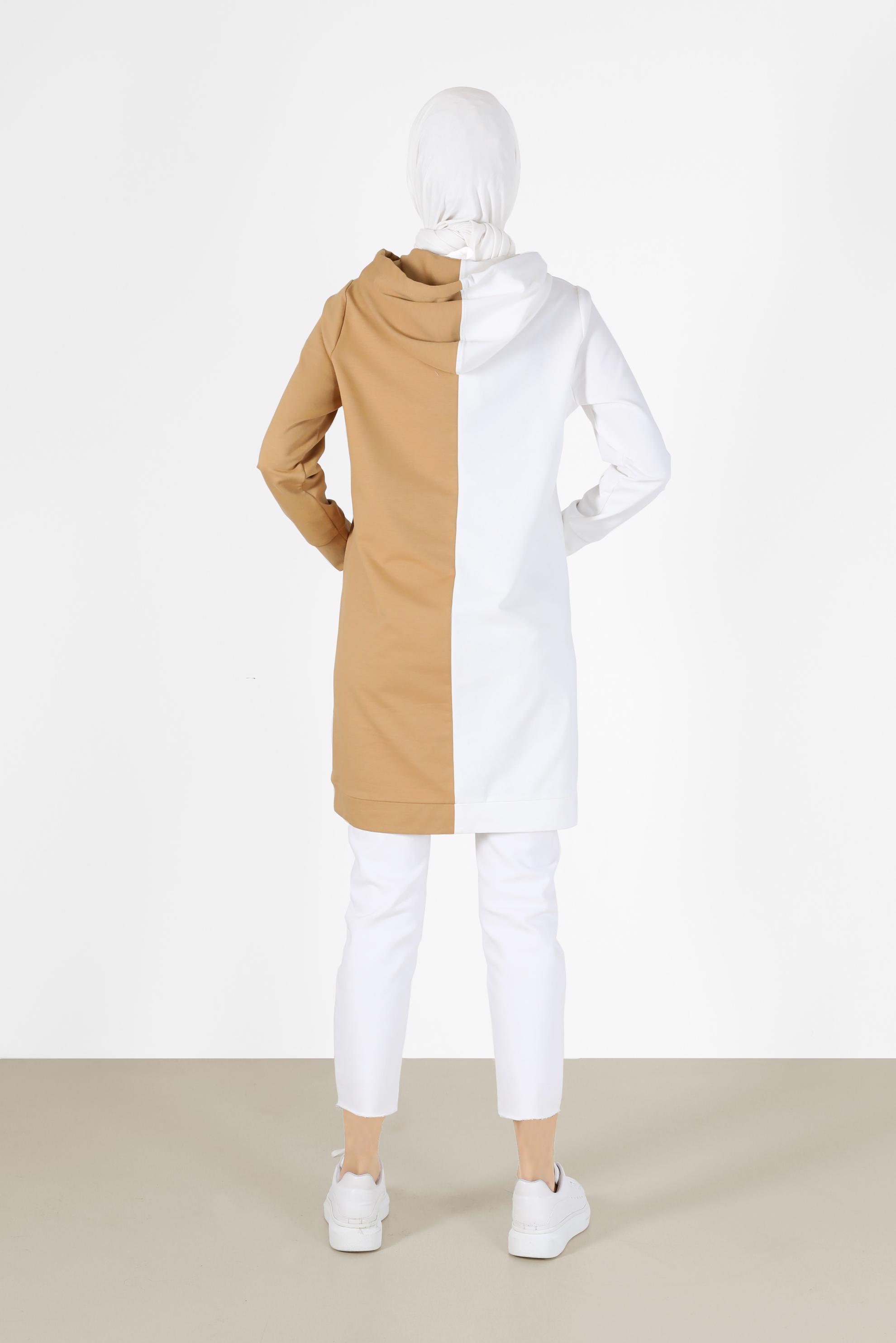 Tesettür giyim KAHVE İKİ RENKLİ YAZI BASKILI EŞOFMAN TUNİK 42178	