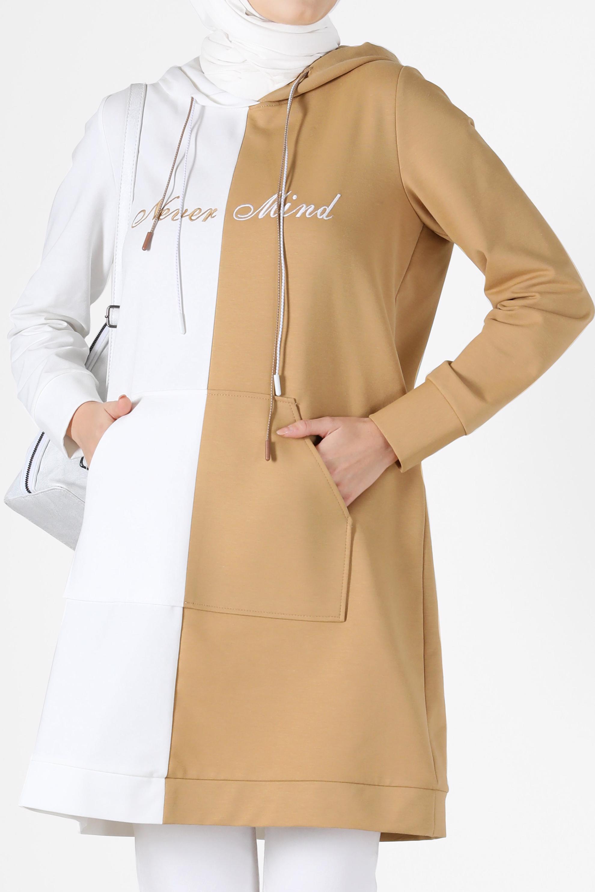 Tesettür giyim KAHVE İKİ RENKLİ YAZI BASKILI EŞOFMAN TUNİK 42178	