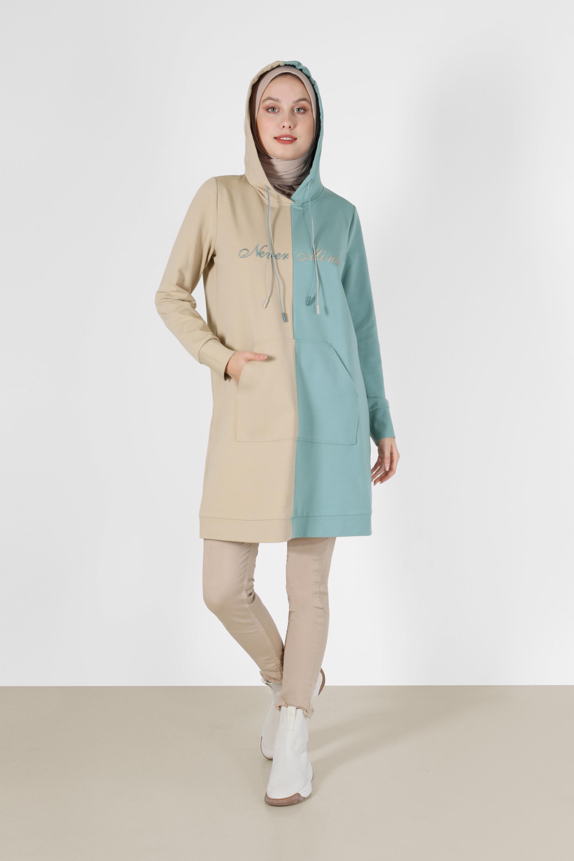 Tesettür giyim MAVİ İKİ RENKLİ YAZI BASKILI EŞOFMAN TUNİK 42178	