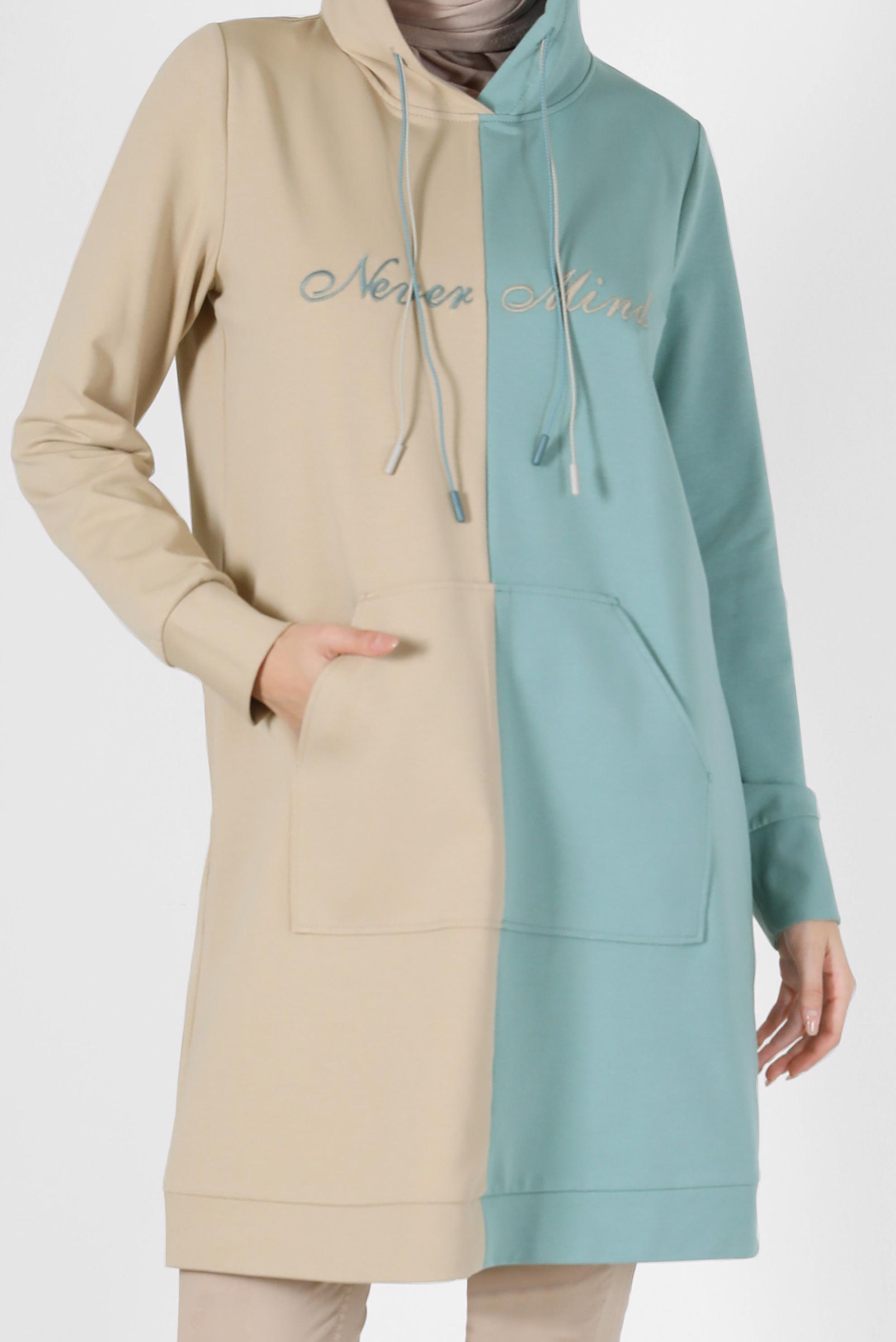 Tesettür giyim MAVİ İKİ RENKLİ YAZI BASKILI EŞOFMAN TUNİK 42178	