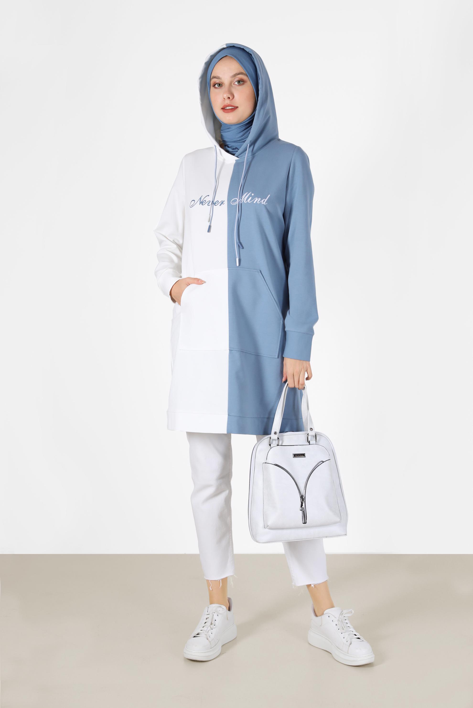 Tesettür giyim MAVİ İKİ RENKLİ YAZI BASKILI EŞOFMAN TUNİK 42178	