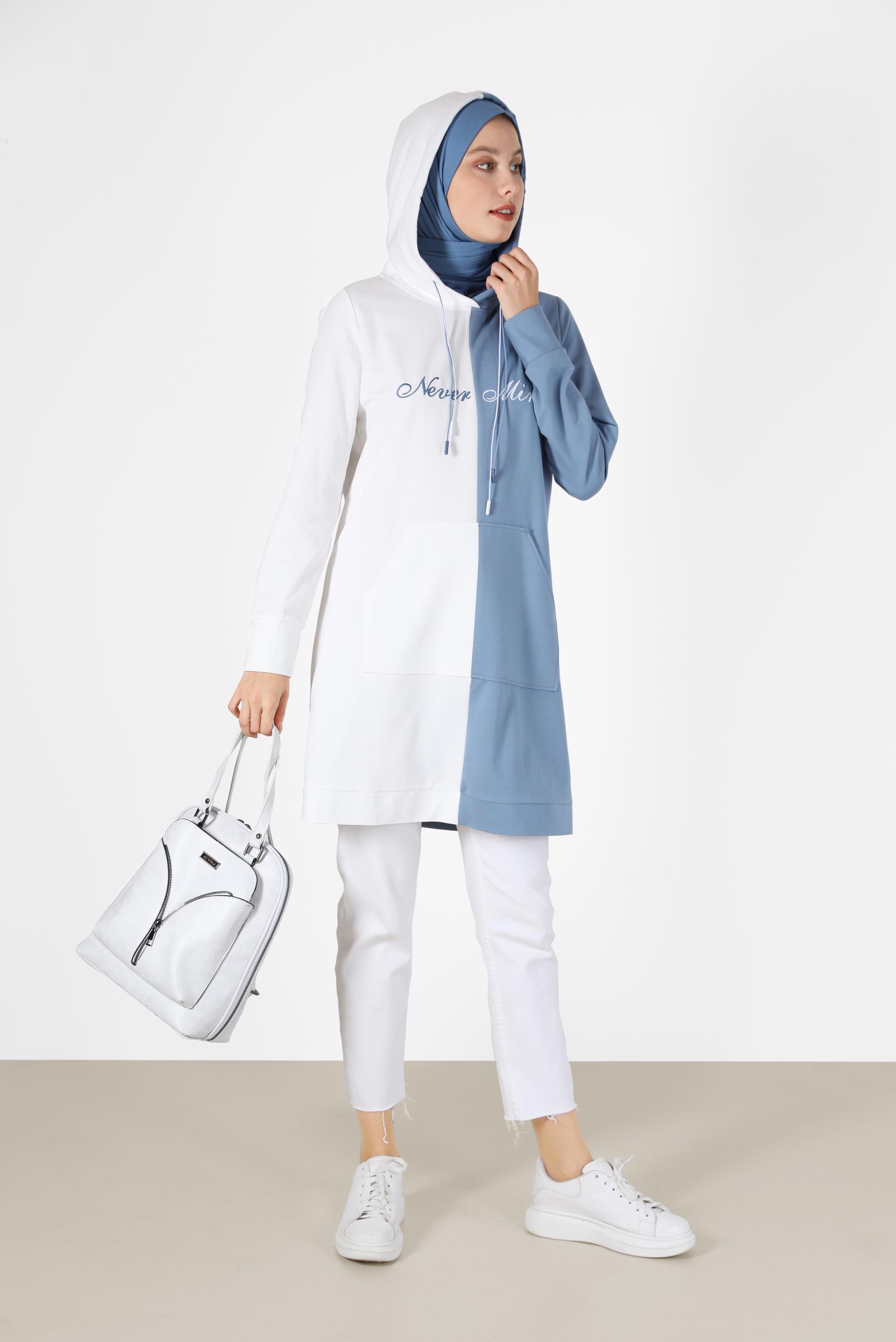 Tesettür giyim MAVİ İKİ RENKLİ YAZI BASKILI EŞOFMAN TUNİK 42178	