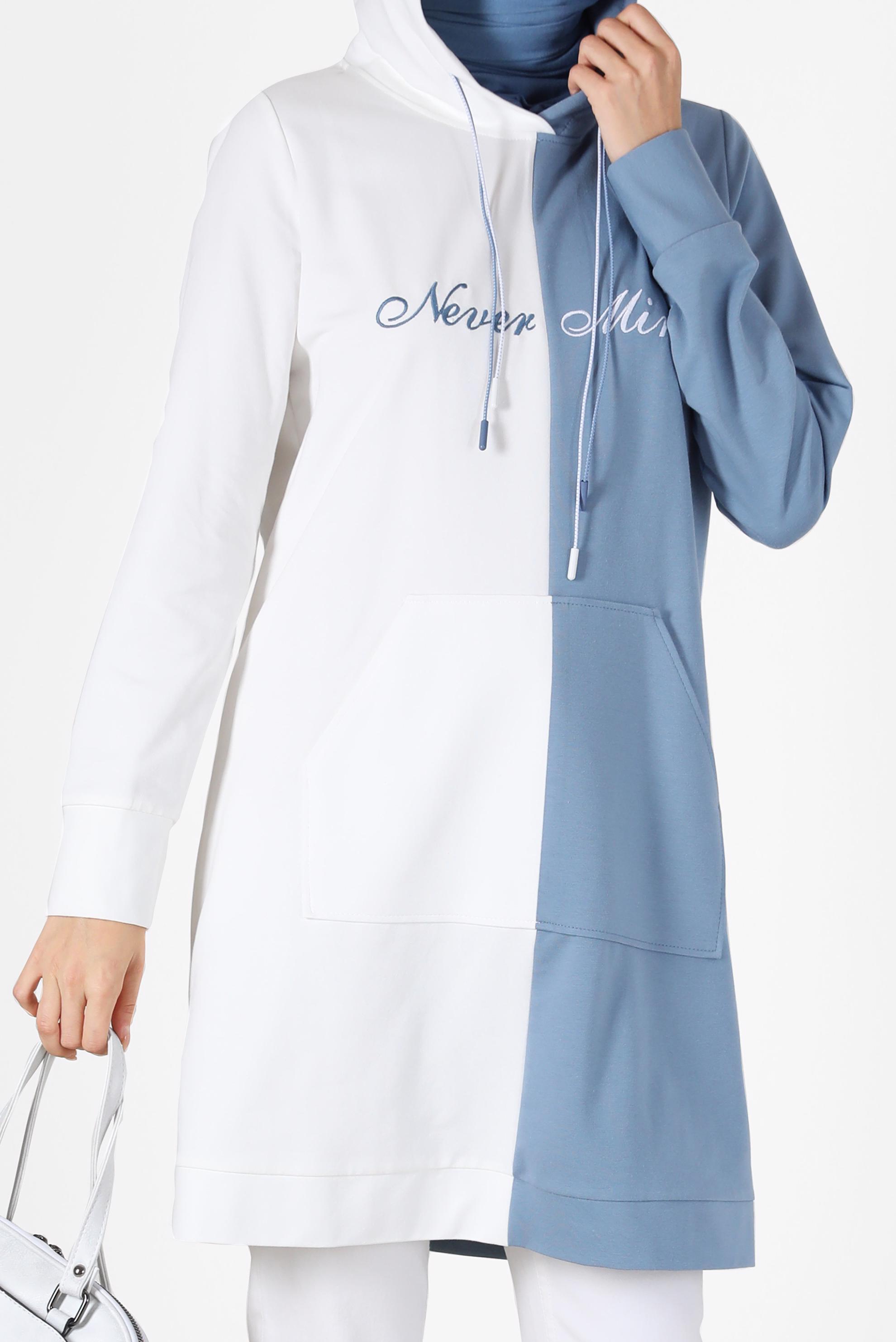 Tesettür giyim MAVİ İKİ RENKLİ YAZI BASKILI EŞOFMAN TUNİK 42178	