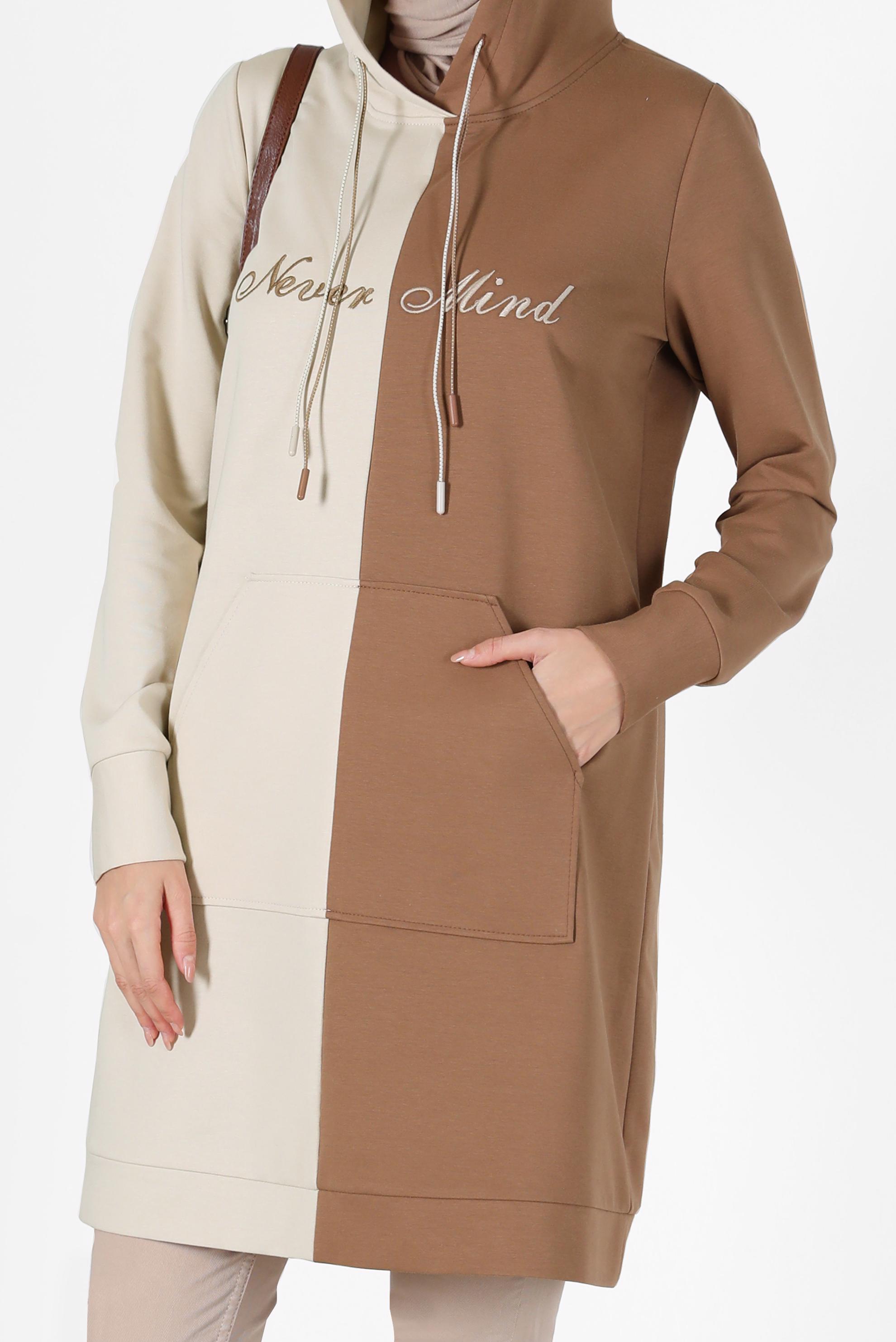 Tesettür giyim KAHVE İKİ RENKLİ YAZI BASKILI EŞOFMAN TUNİK 42178	