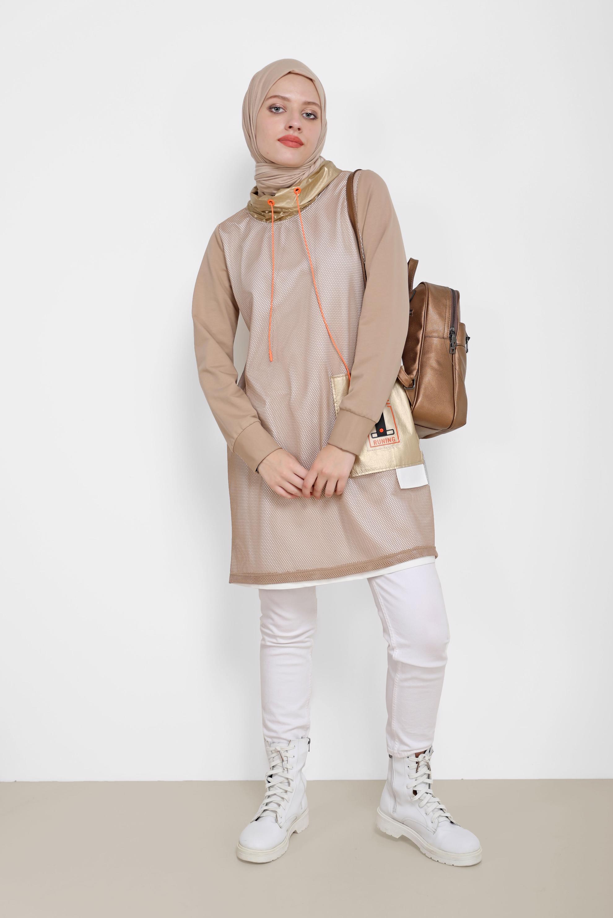 Tesettür giyim BEYAZ FİLE DETAYLI CEPLİ EŞOFMAN TUNİK 42179 