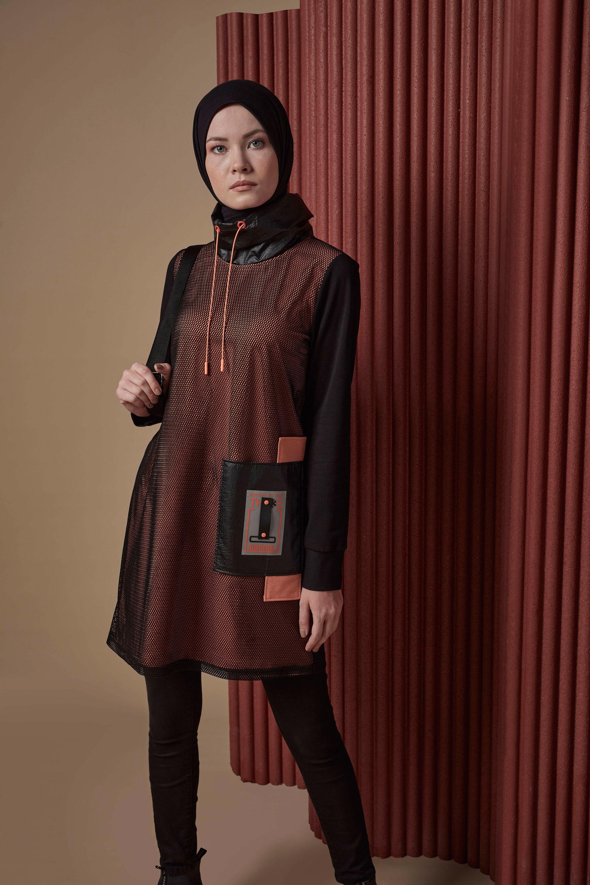 Tesettür giyim TURUNCU FİLE DETAYLI CEPLİ EŞOFMAN TUNİK 42179 