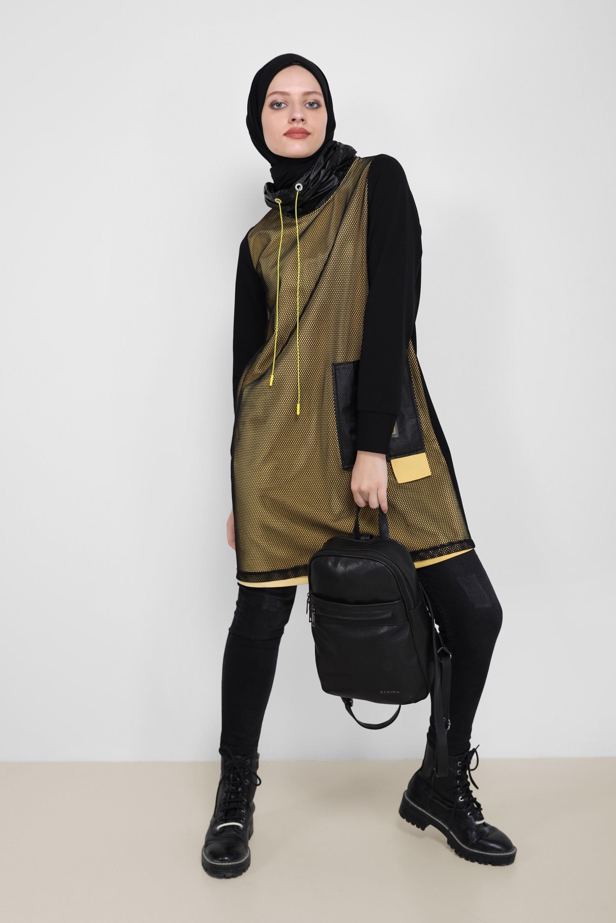 Tesettür giyim SARI FİLE DETAYLI CEPLİ EŞOFMAN TUNİK 42179 