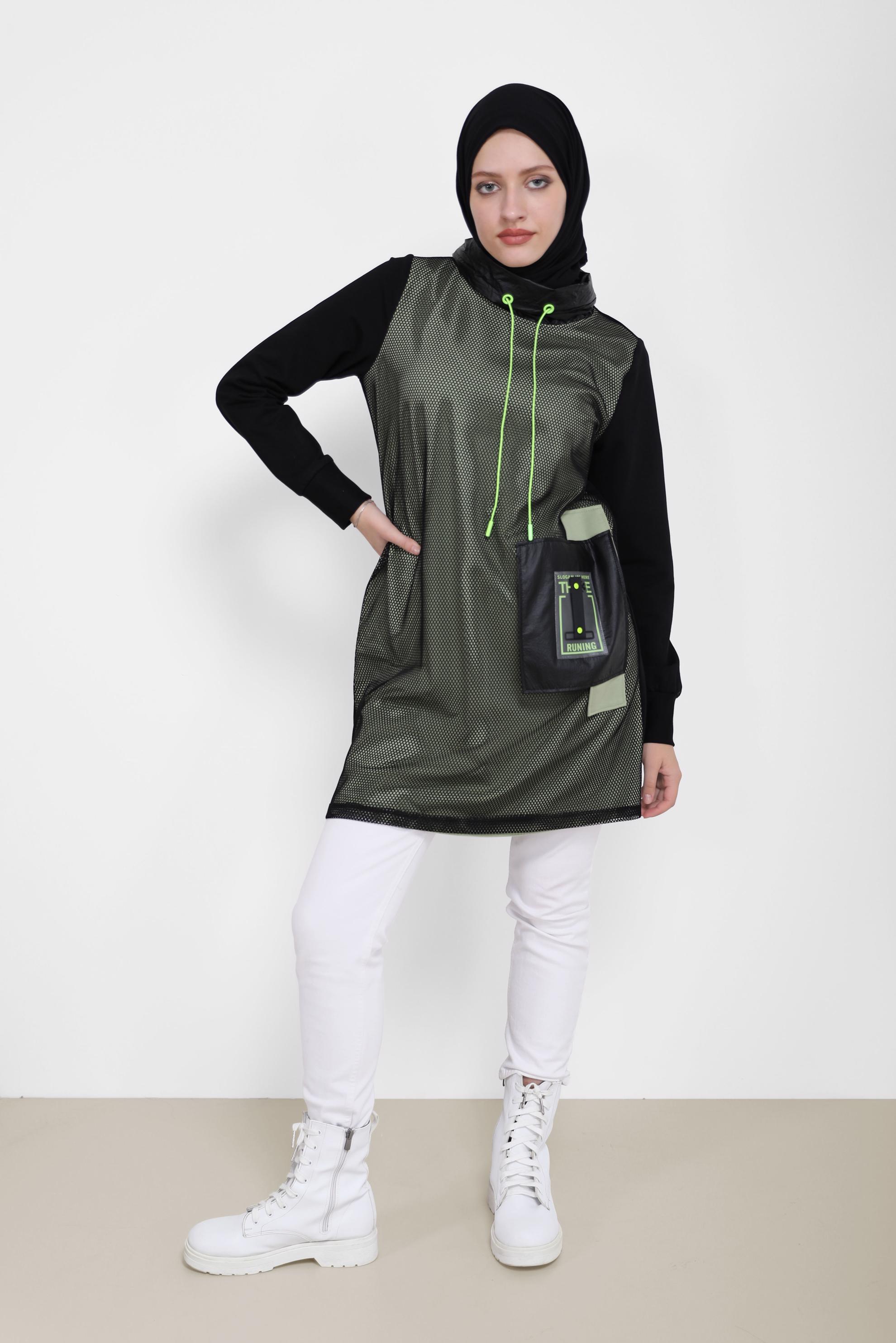 Tesettür giyim YEŞİL FİLE DETAYLI CEPLİ EŞOFMAN TUNİK 42179 