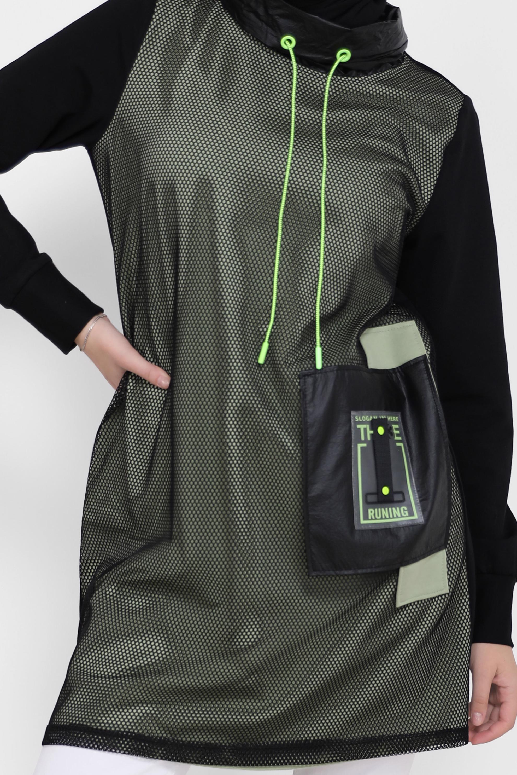 Tesettür giyim YEŞİL FİLE DETAYLI CEPLİ EŞOFMAN TUNİK 42179 