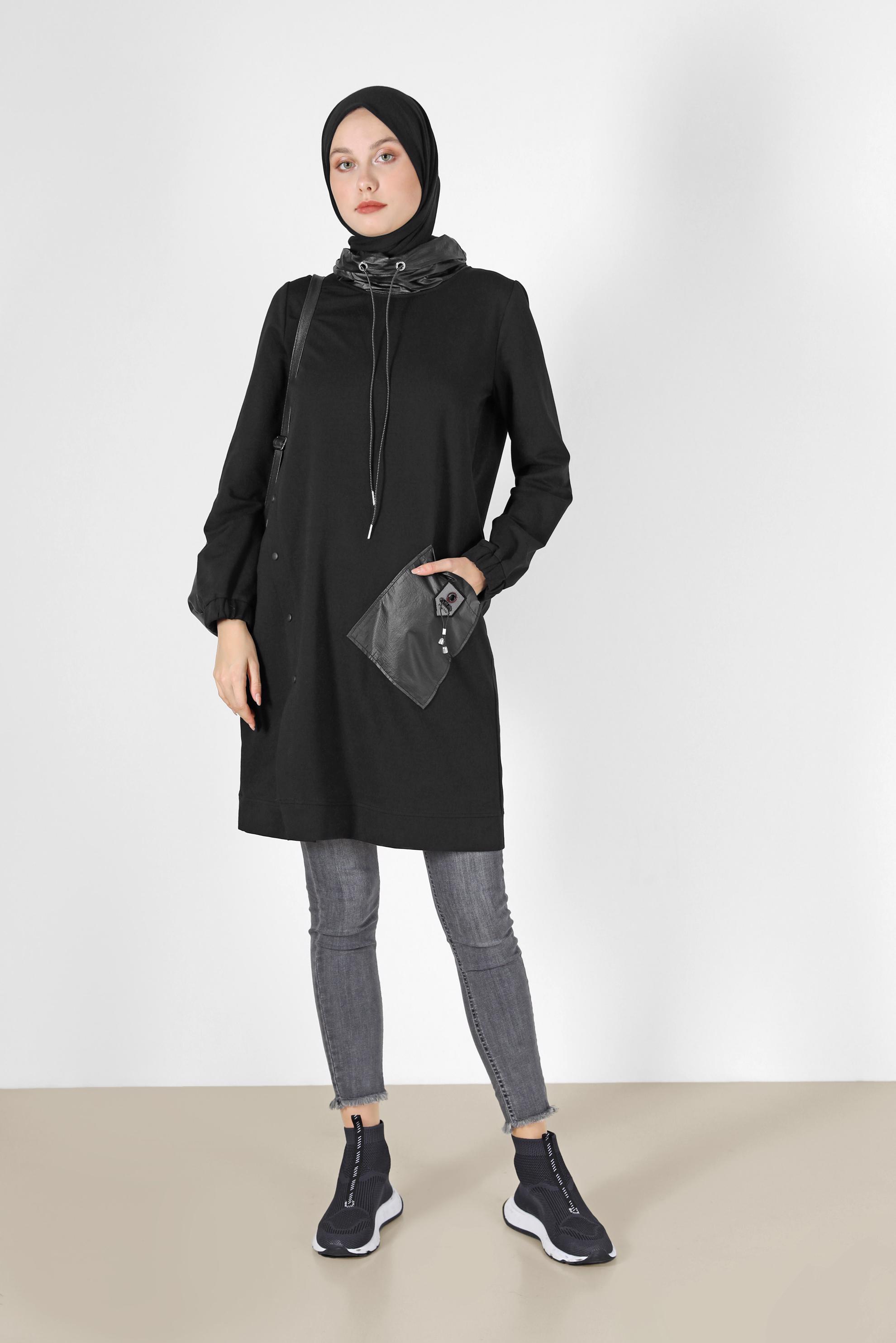 Tesettür giyim SİYAH DERİ DETAYLI EŞOFMAN TUNİK 42180 
