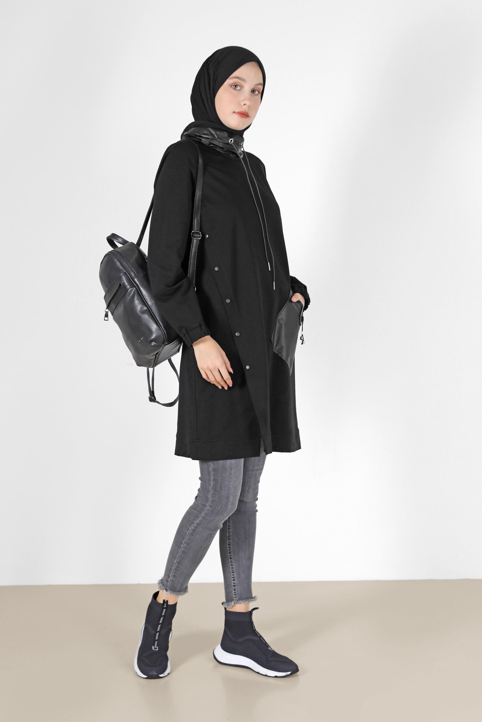 Tesettür giyim SİYAH DERİ DETAYLI EŞOFMAN TUNİK 42180 