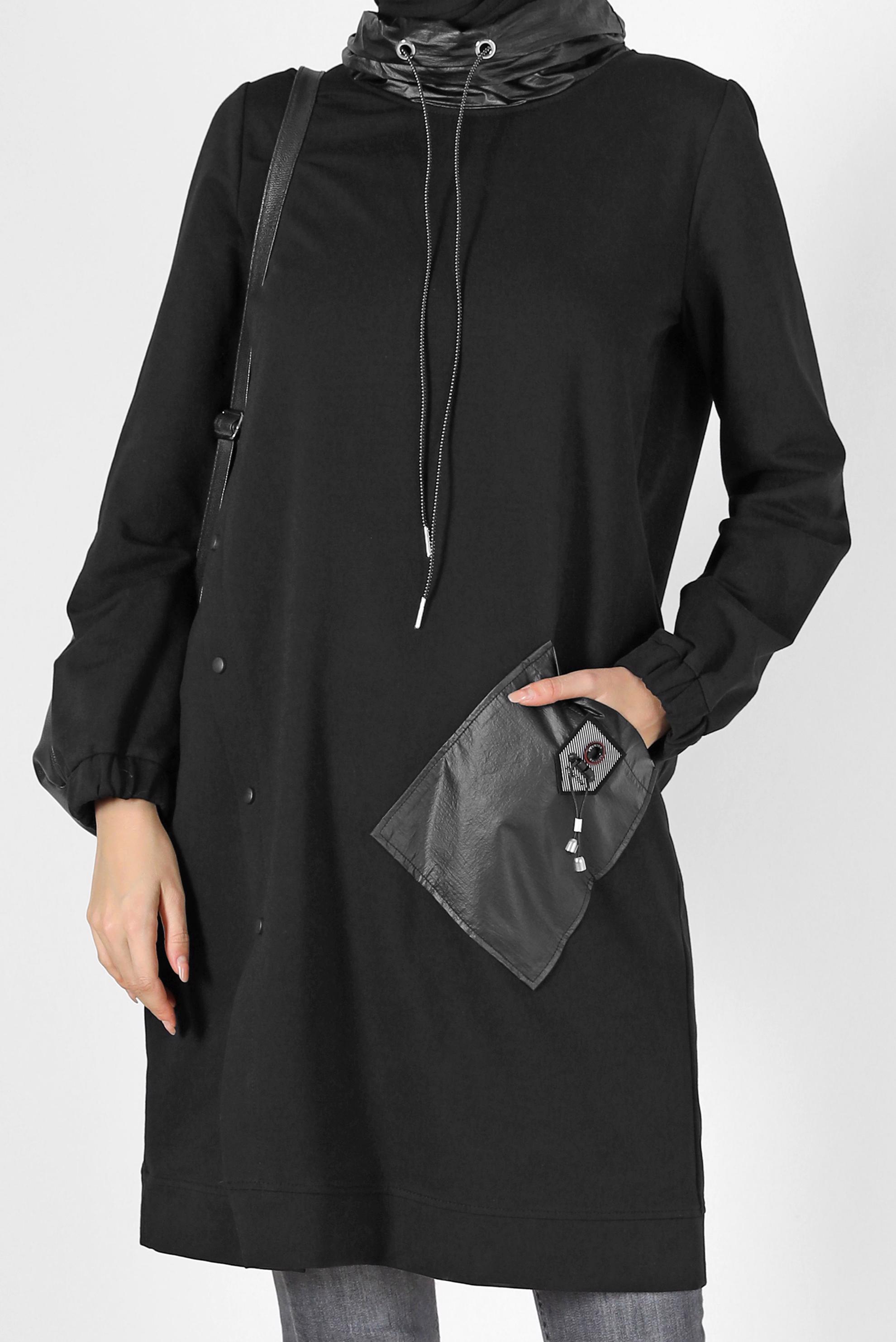 Tesettür giyim SİYAH DERİ DETAYLI EŞOFMAN TUNİK 42180 