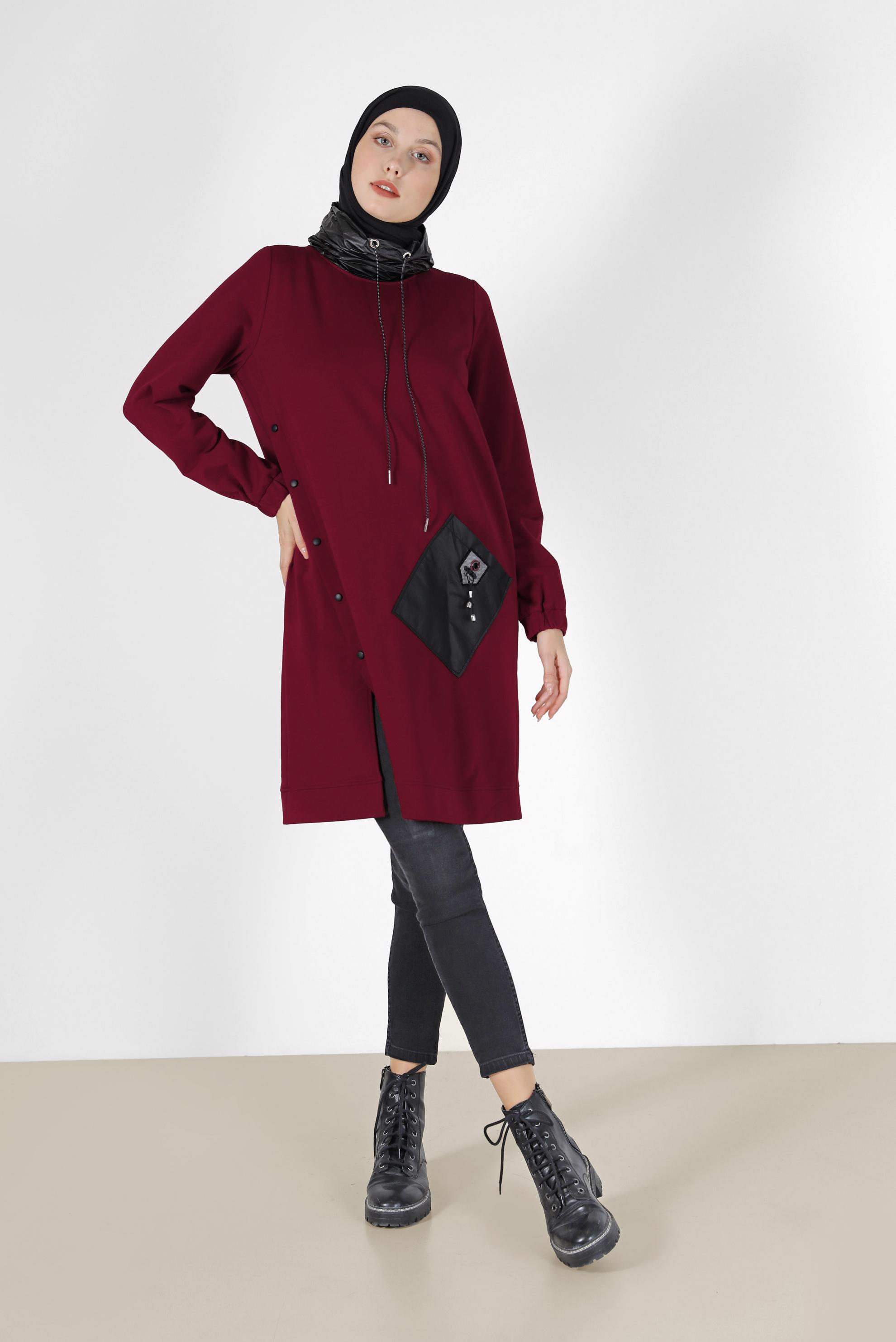 Tesettür giyim BORDO DERİ DETAYLI EŞOFMAN TUNİK 42180 