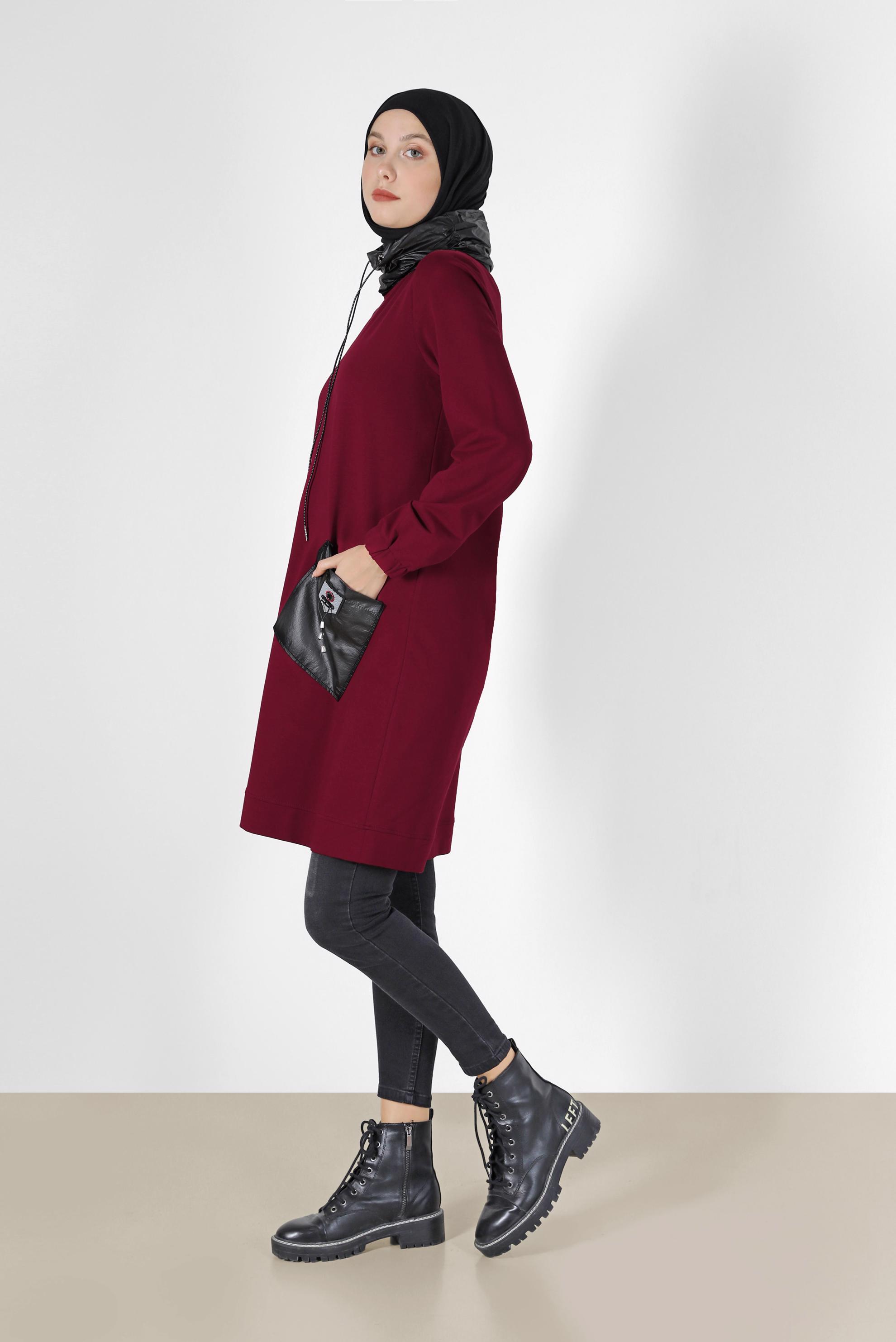 Tesettür giyim BORDO DERİ DETAYLI EŞOFMAN TUNİK 42180 