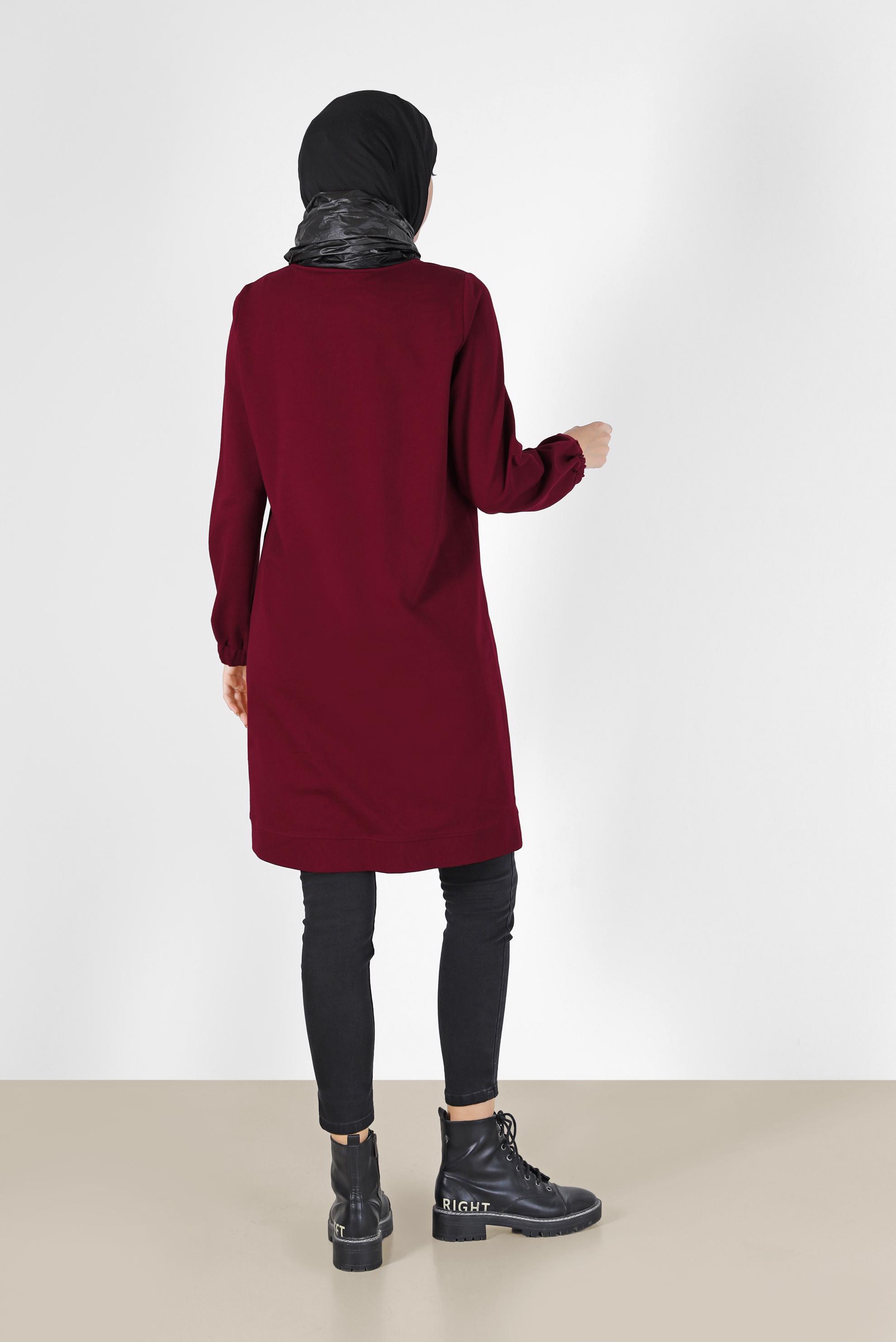 Tesettür giyim BORDO DERİ DETAYLI EŞOFMAN TUNİK 42180 