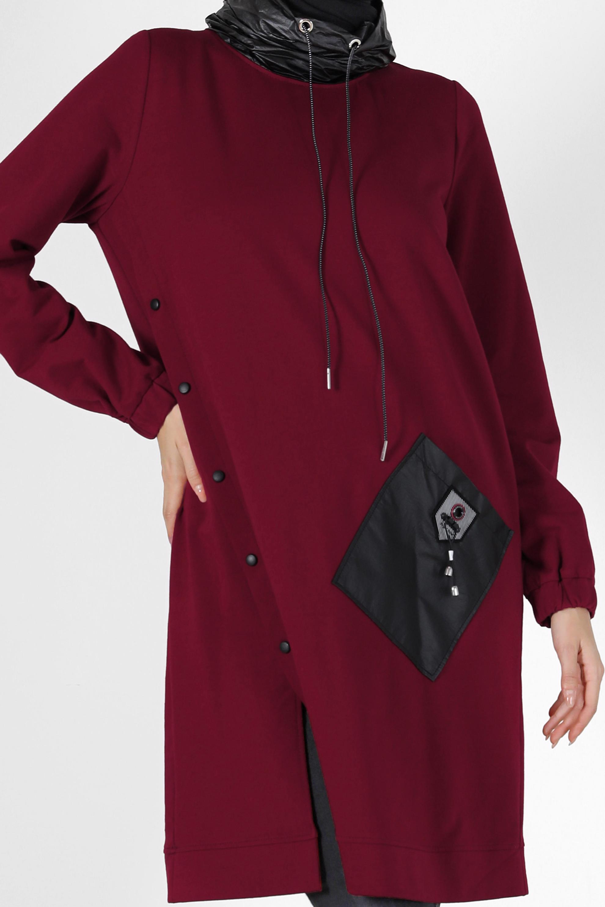 Tesettür giyim BORDO DERİ DETAYLI EŞOFMAN TUNİK 42180 