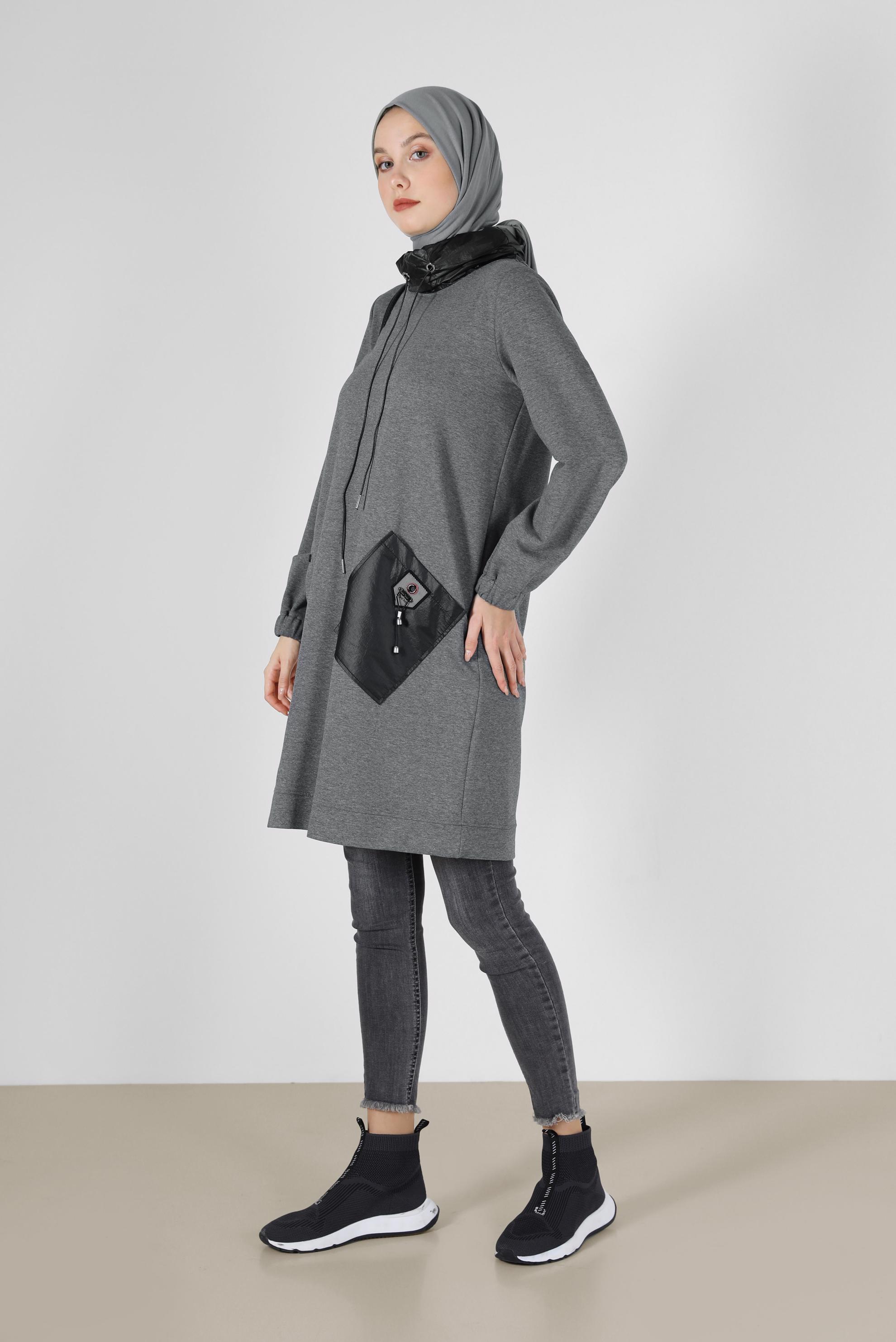 Tesettür giyim GRİ DERİ DETAYLI EŞOFMAN TUNİK 42180 