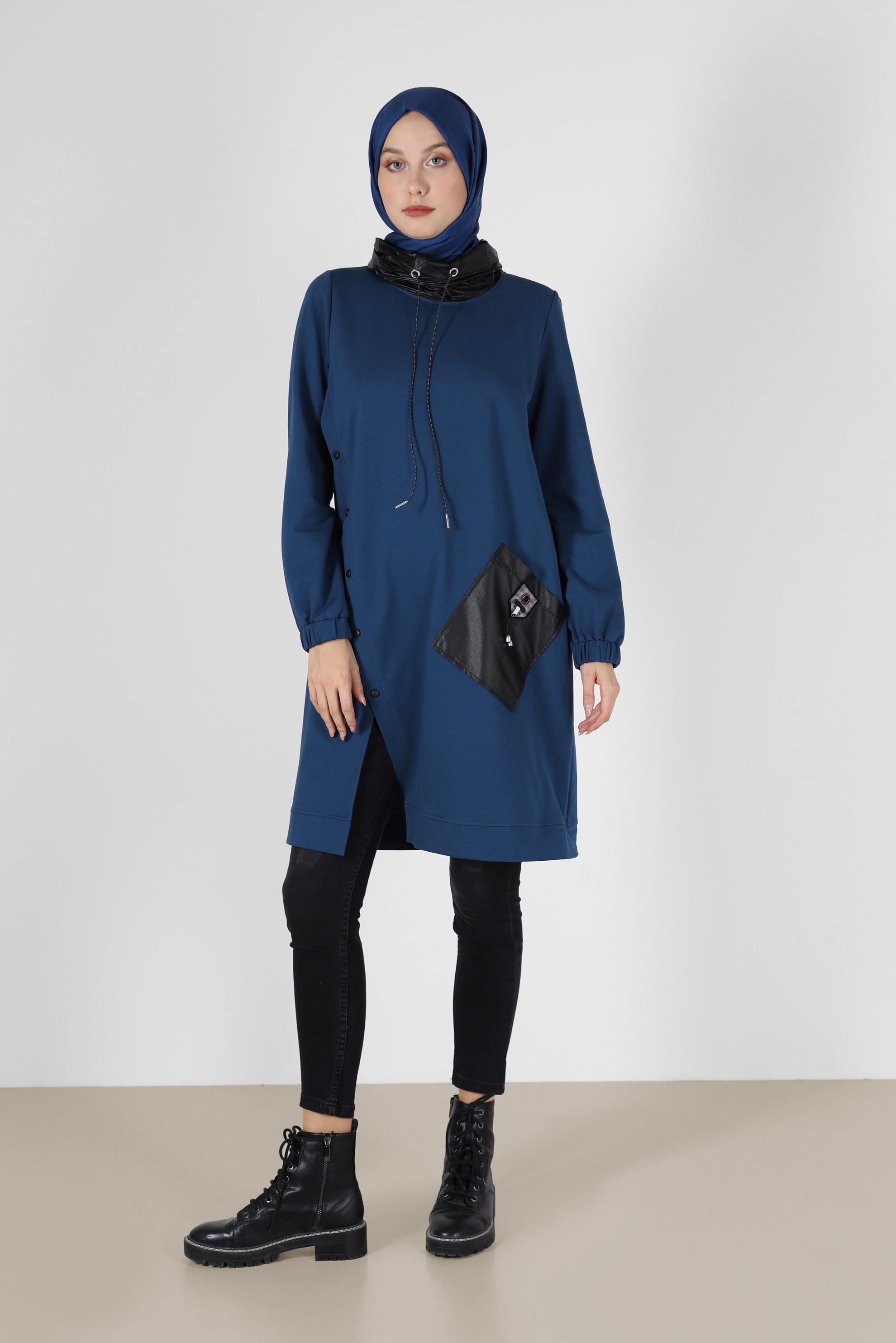 Tesettür giyim LACİVERT DERİ DETAYLI EŞOFMAN TUNİK 42180 