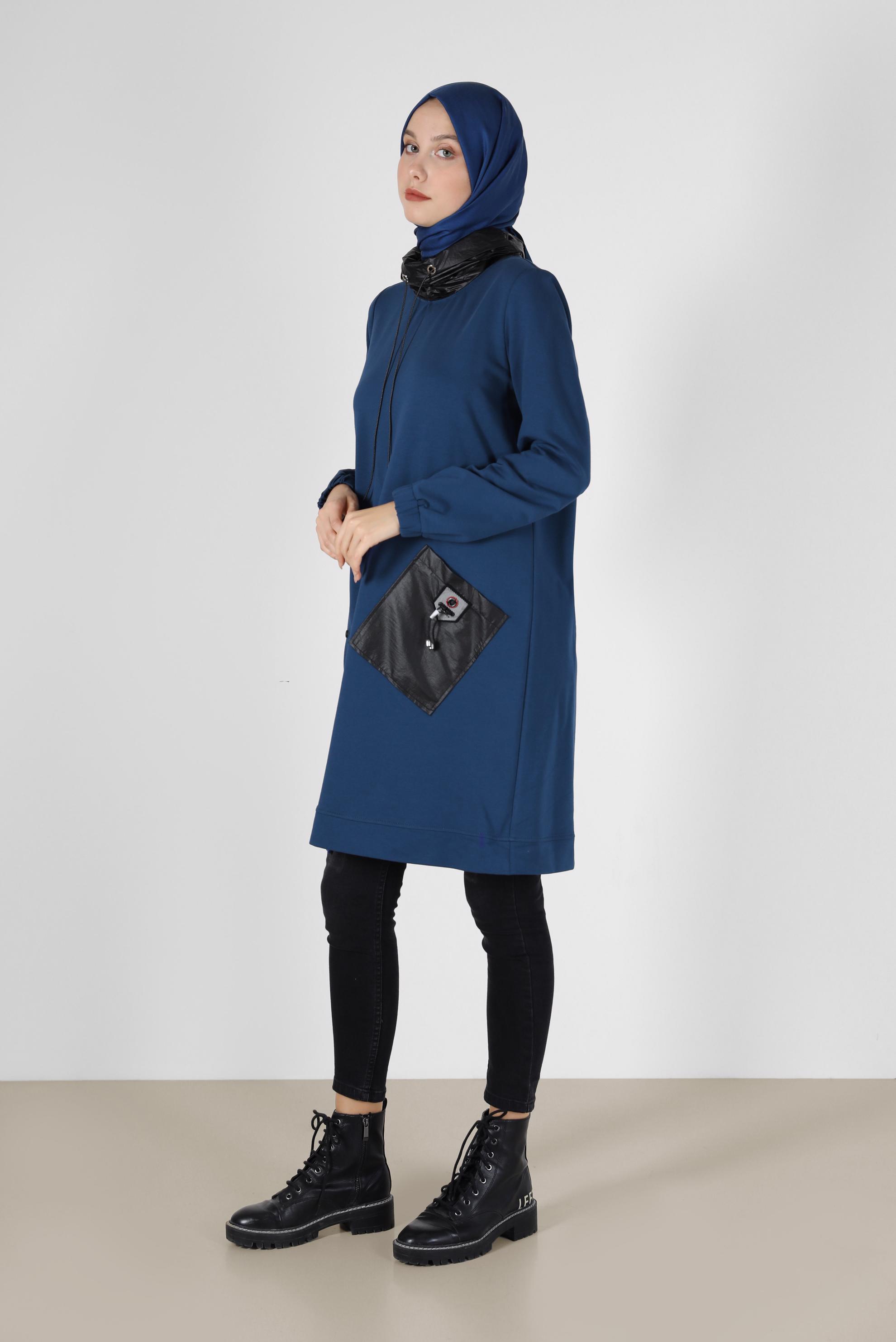 Tesettür giyim LACİVERT DERİ DETAYLI EŞOFMAN TUNİK 42180 
