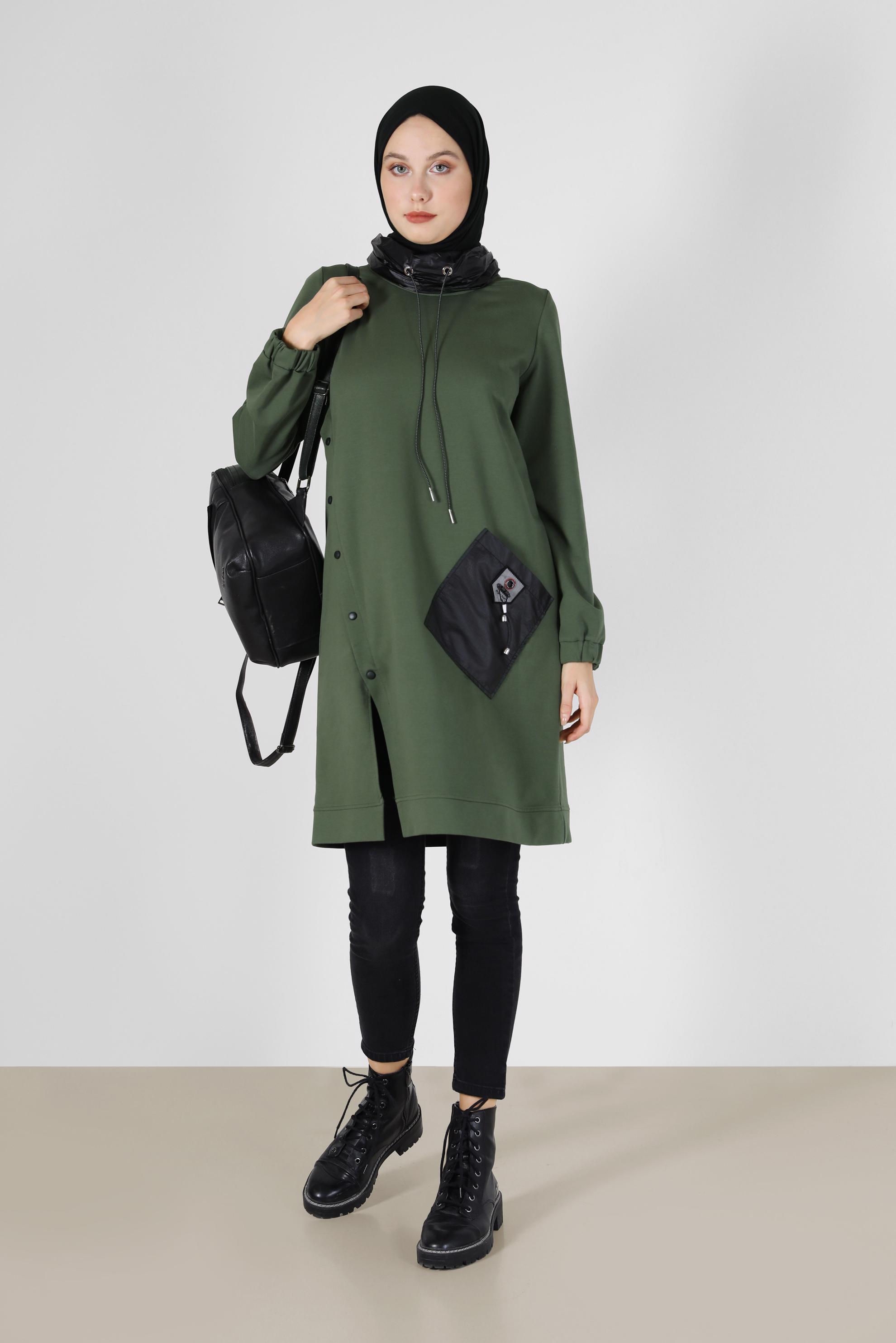 Tesettür giyim HAKİ DERİ DETAYLI EŞOFMAN TUNİK 42180 