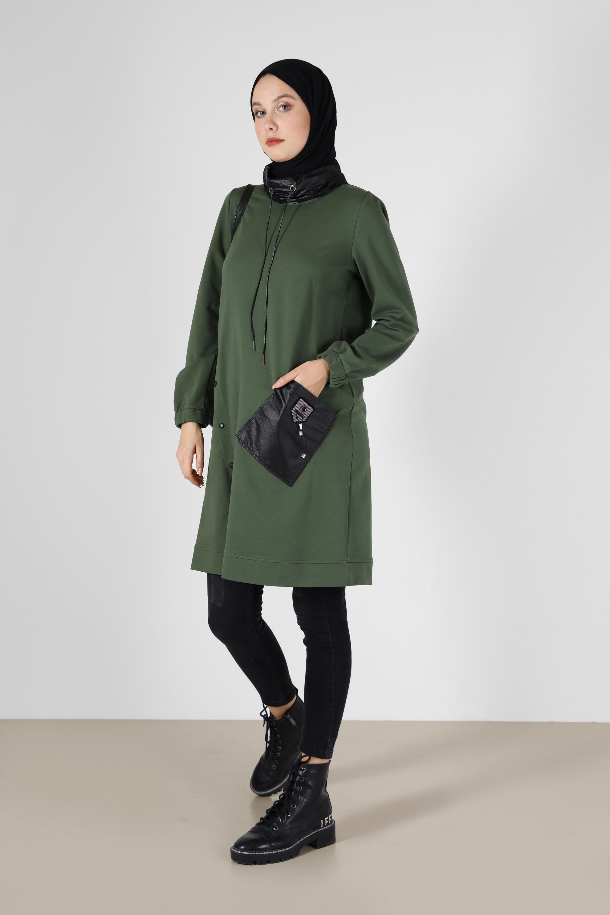 Tesettür giyim HAKİ DERİ DETAYLI EŞOFMAN TUNİK 42180 