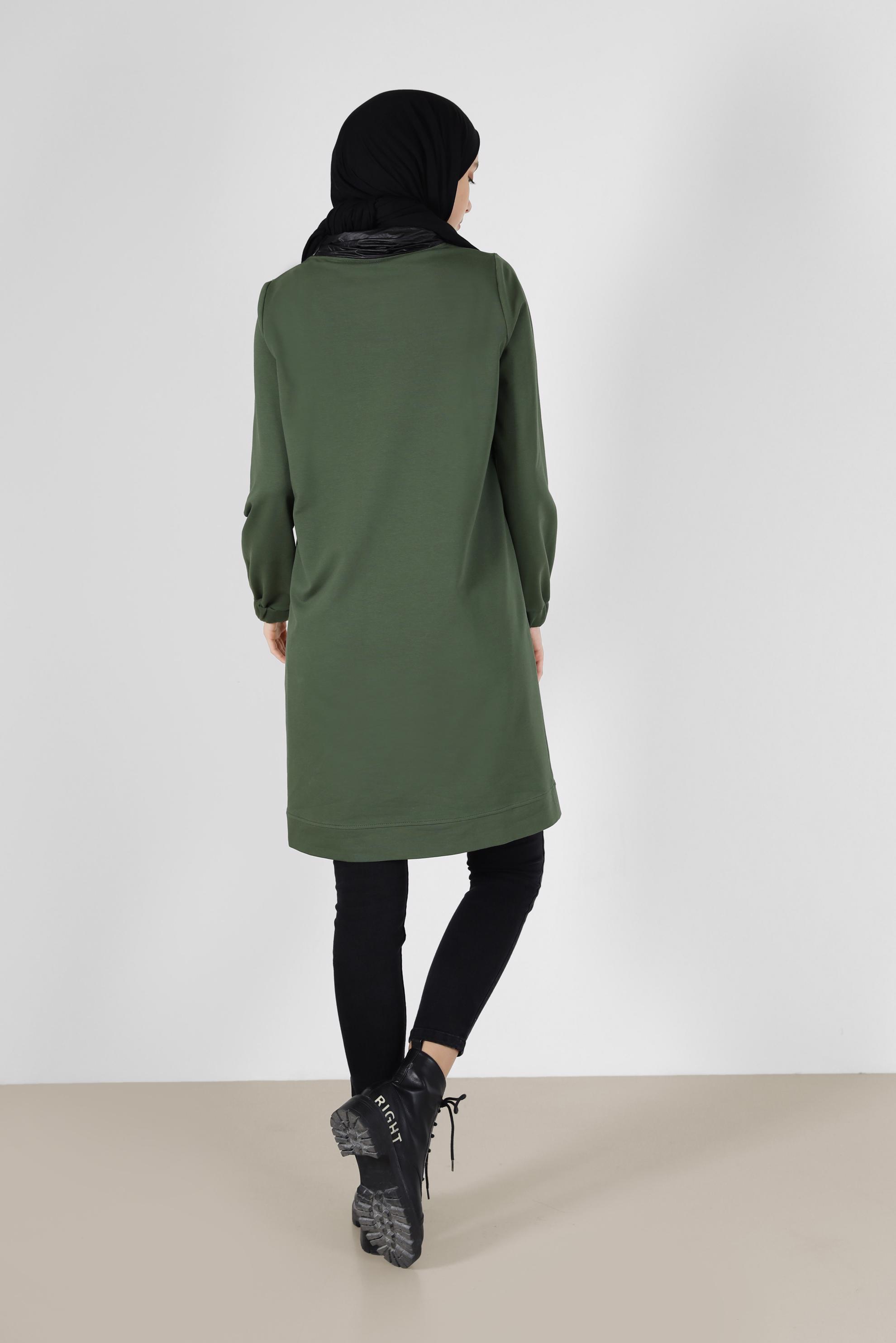 Tesettür giyim HAKİ DERİ DETAYLI EŞOFMAN TUNİK 42180 