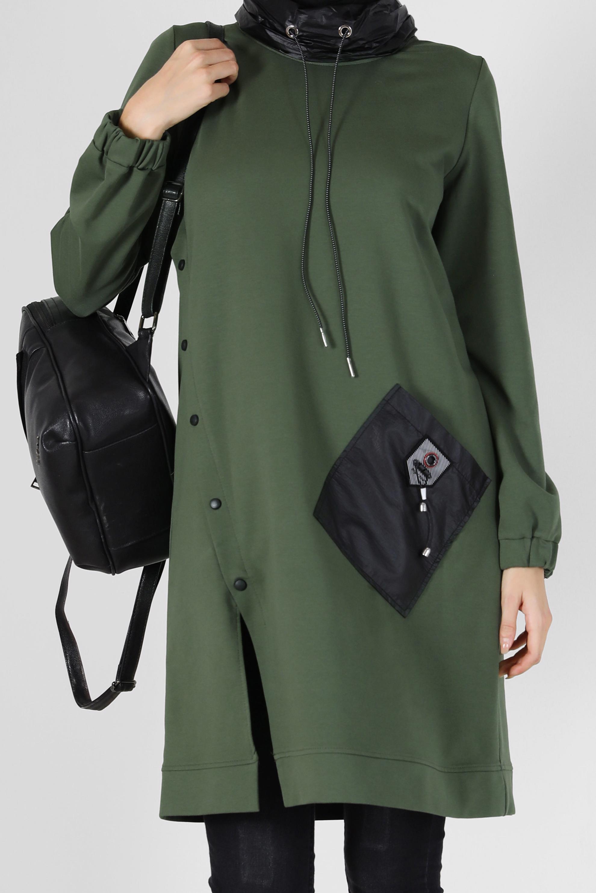 Tesettür giyim HAKİ DERİ DETAYLI EŞOFMAN TUNİK 42180 