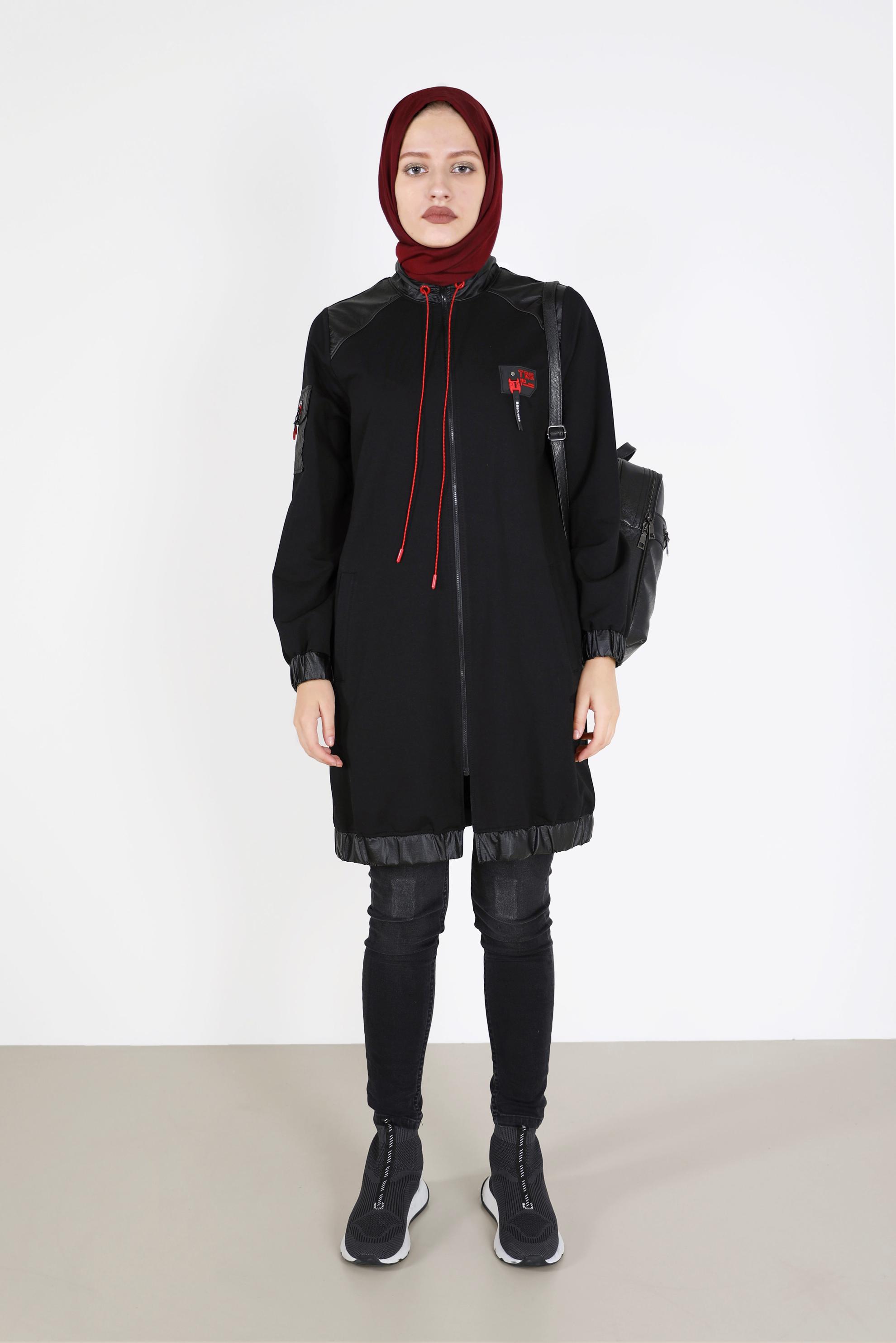 Tesettür giyim SİYAH DERİ DETAYLI FERMUARLI EŞOFMAN TUNİK 42181 