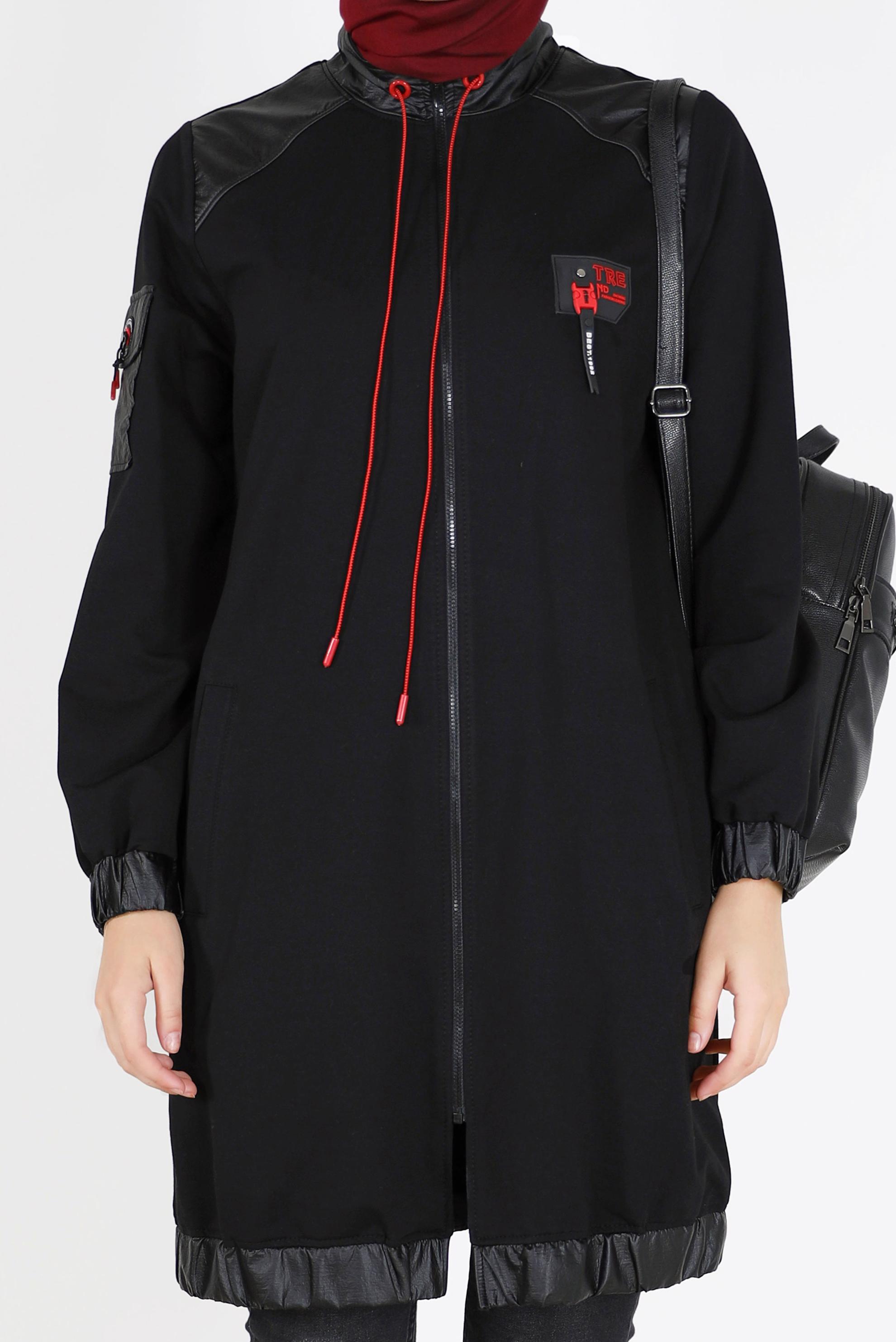 Tesettür giyim SİYAH DERİ DETAYLI FERMUARLI EŞOFMAN TUNİK 42181 