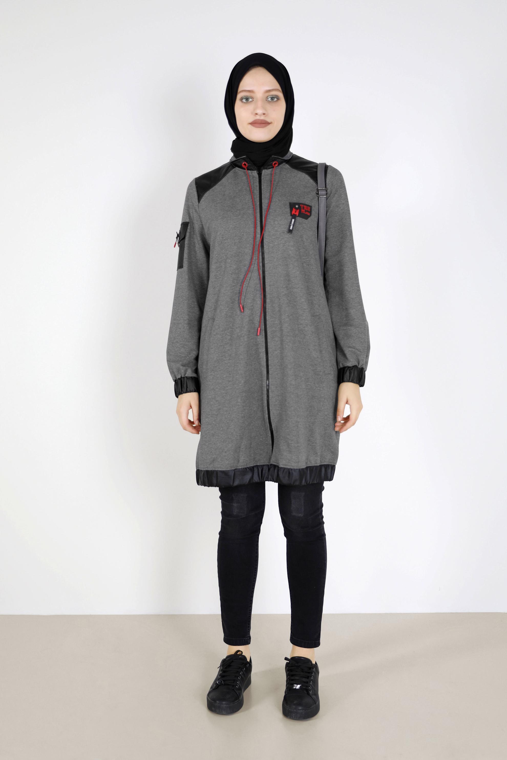 Tesettür giyim GRİ DERİ DETAYLI FERMUARLI EŞOFMAN TUNİK 42181 