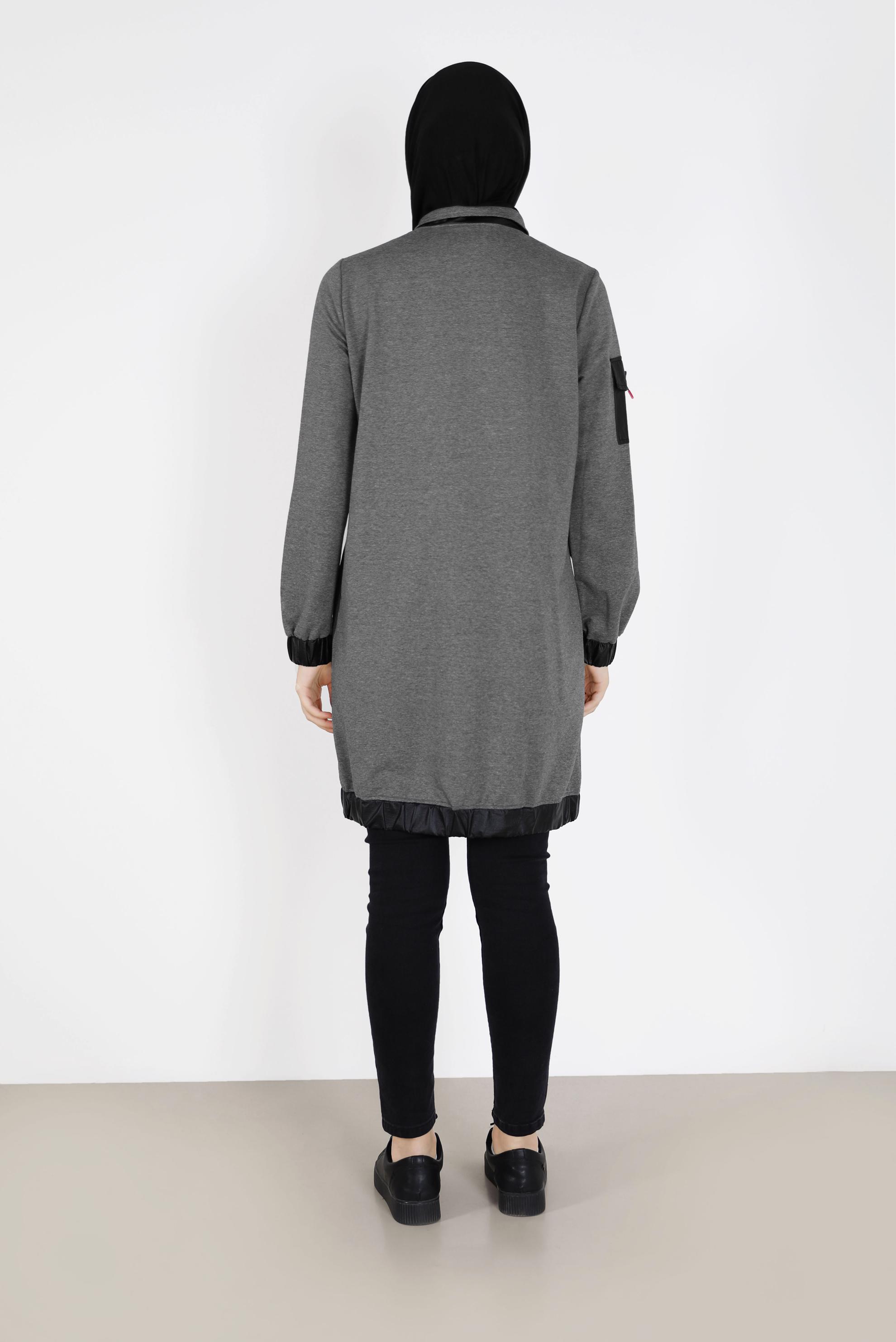 Tesettür giyim GRİ DERİ DETAYLI FERMUARLI EŞOFMAN TUNİK 42181 