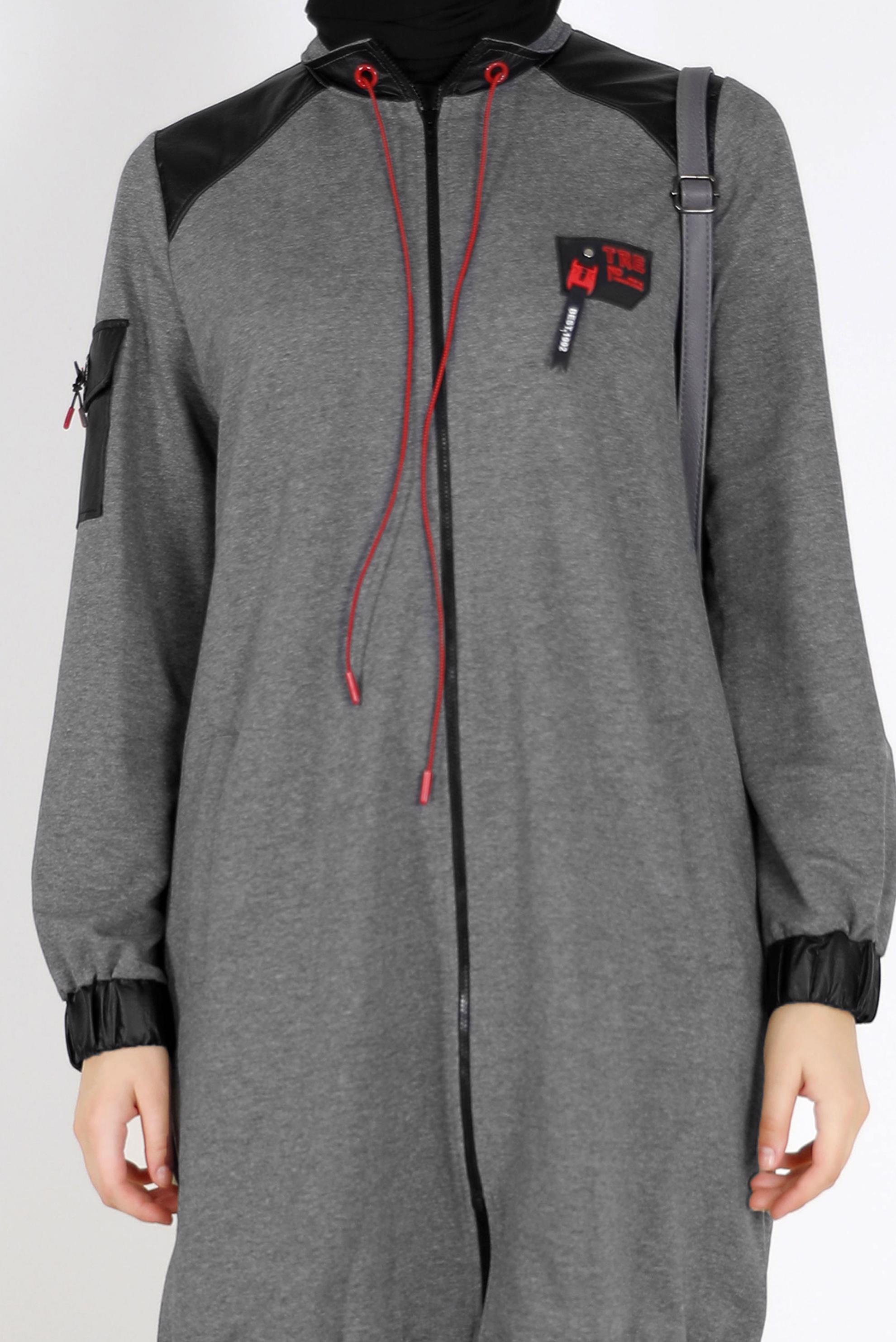 Tesettür giyim GRİ DERİ DETAYLI FERMUARLI EŞOFMAN TUNİK 42181 