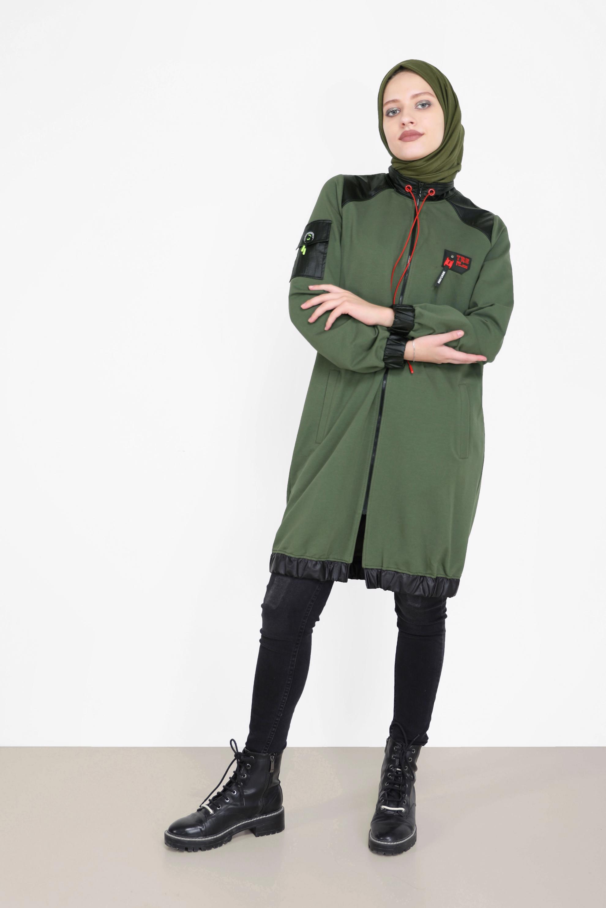 Tesettür giyim HAKİ DERİ DETAYLI FERMUARLI EŞOFMAN TUNİK 42181 