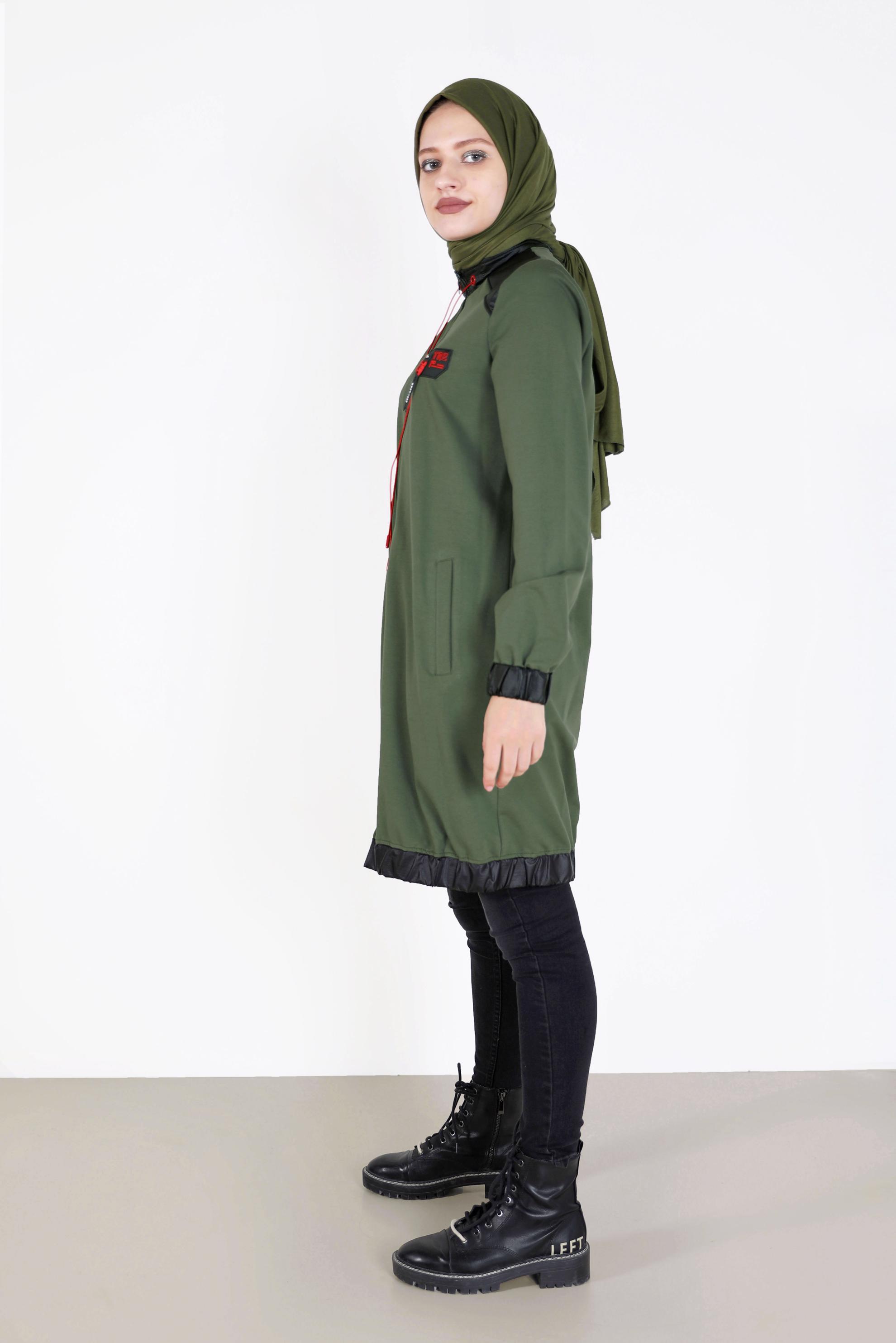 Tesettür giyim HAKİ DERİ DETAYLI FERMUARLI EŞOFMAN TUNİK 42181 