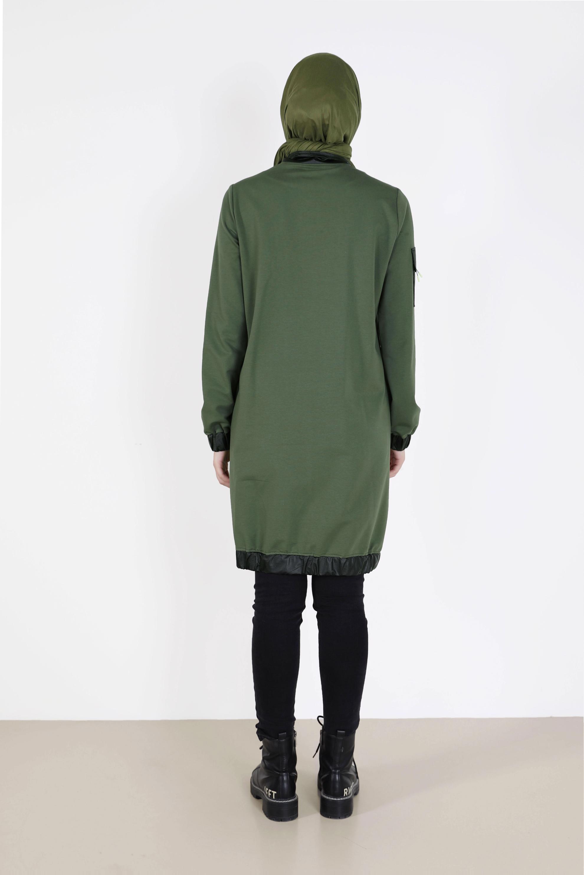 Tesettür giyim HAKİ DERİ DETAYLI FERMUARLI EŞOFMAN TUNİK 42181 