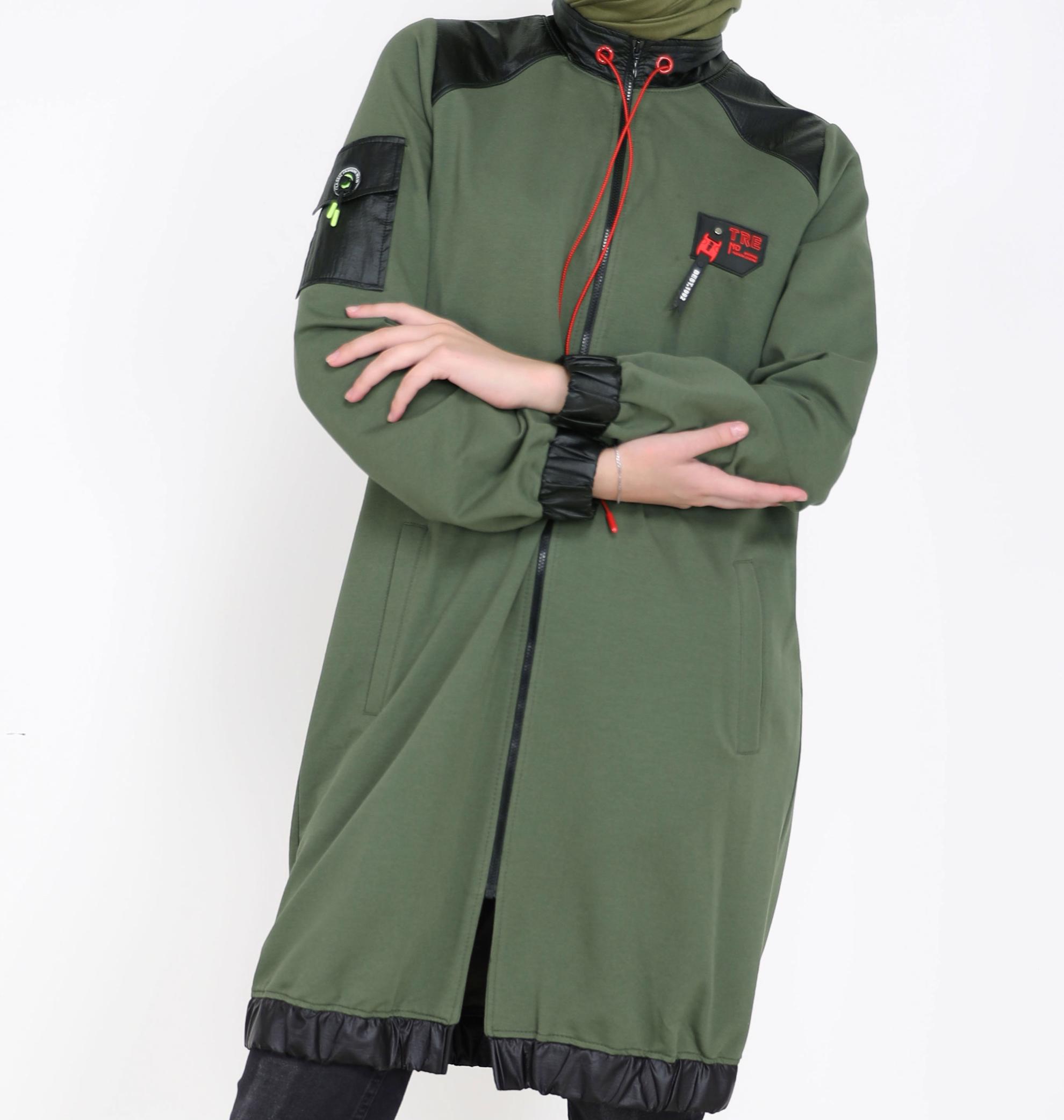 Tesettür giyim HAKİ DERİ DETAYLI FERMUARLI EŞOFMAN TUNİK 42181 