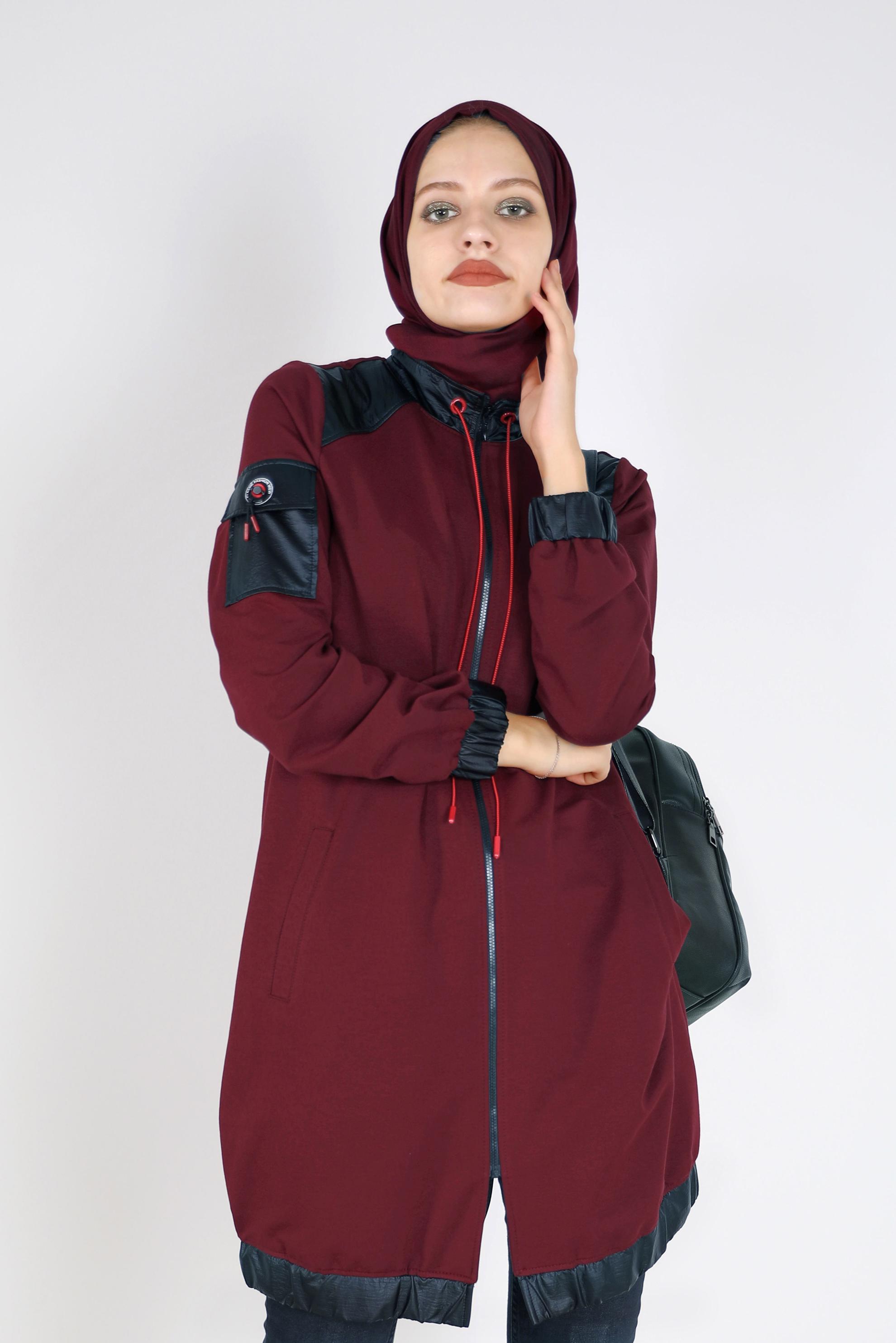 Tesettür giyim BORDO DERİ DETAYLI FERMUARLI EŞOFMAN TUNİK 42181 