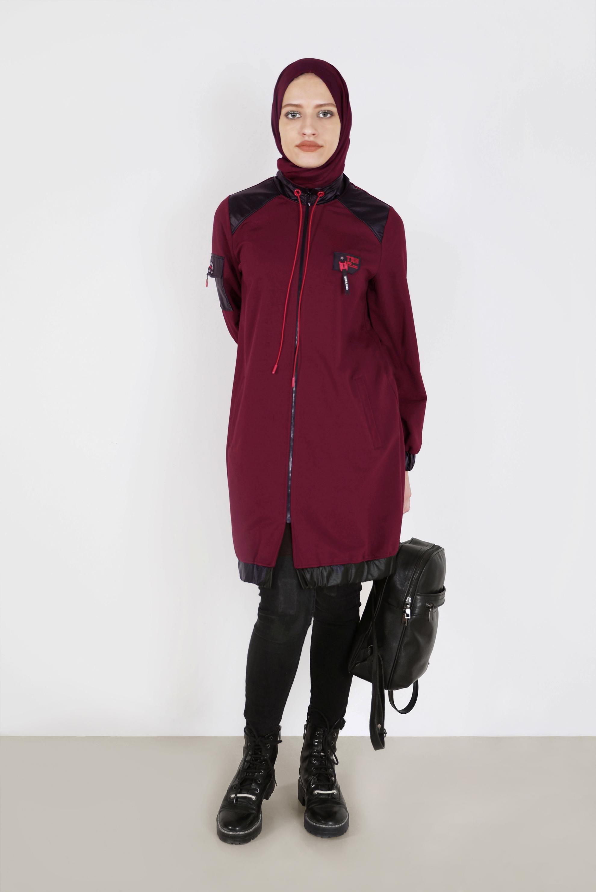 Tesettür giyim BORDO DERİ DETAYLI FERMUARLI EŞOFMAN TUNİK 42181 