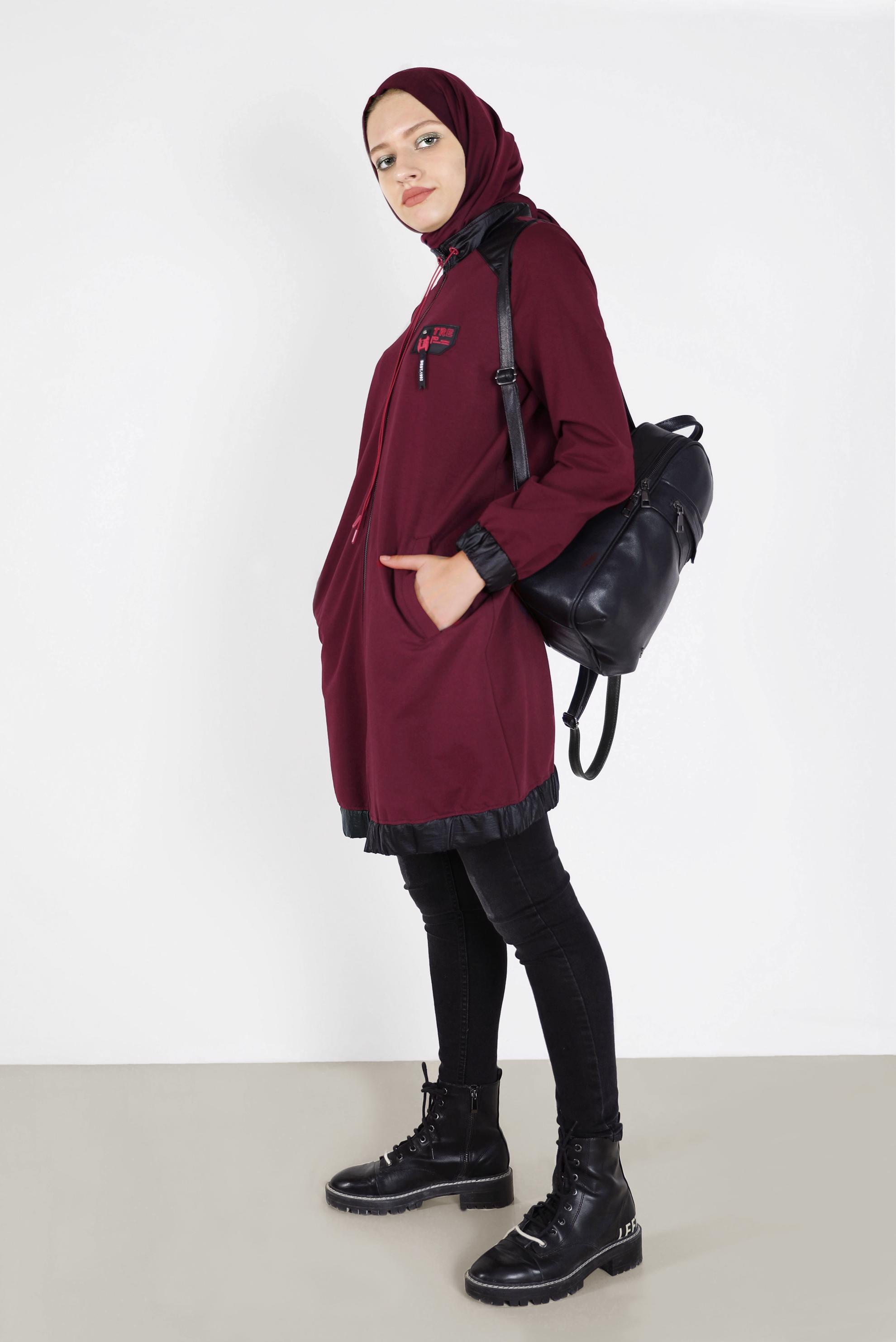 Tesettür giyim BORDO DERİ DETAYLI FERMUARLI EŞOFMAN TUNİK 42181 