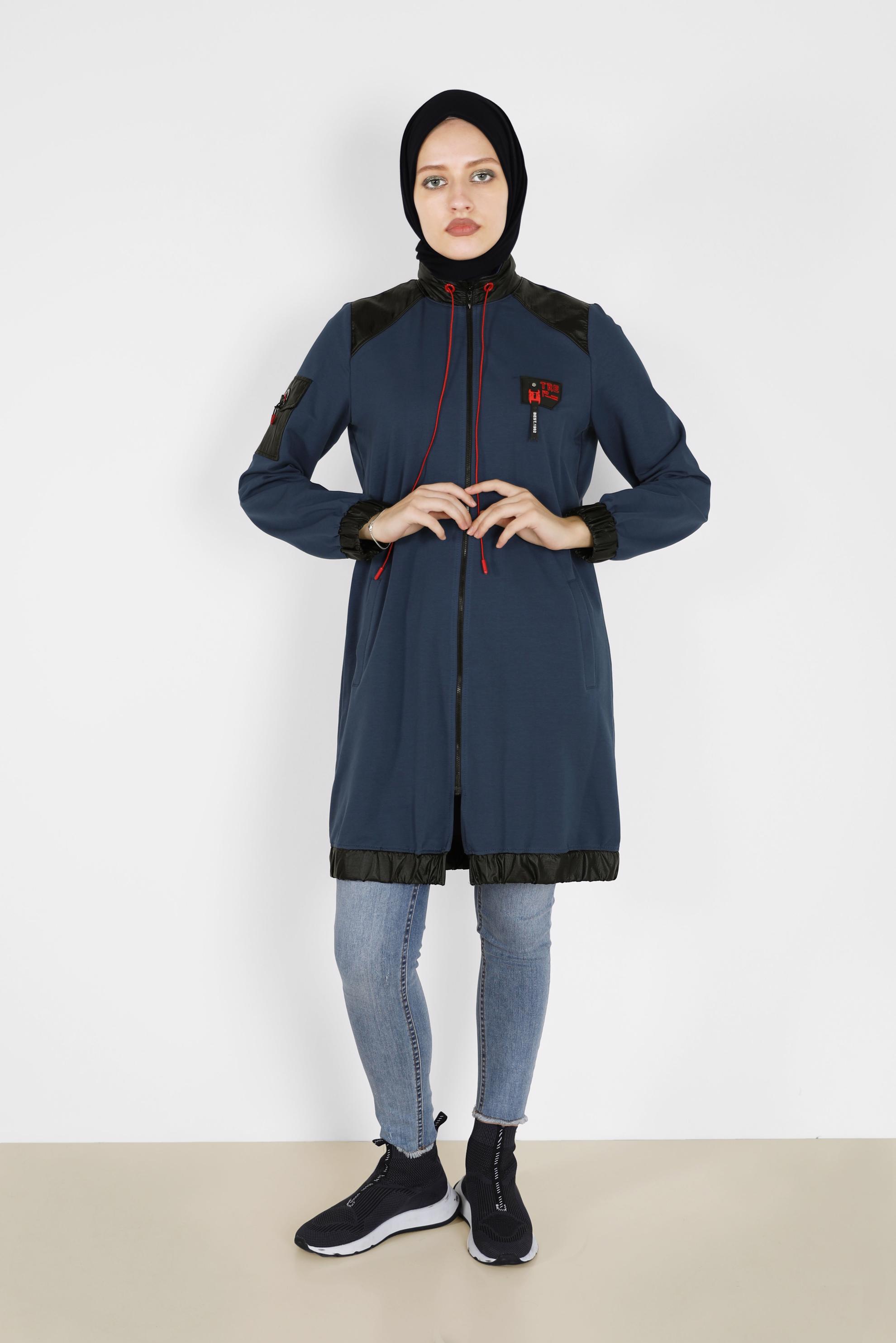 Tesettür giyim MAVİ DERİ DETAYLI FERMUARLI EŞOFMAN TUNİK 42181 