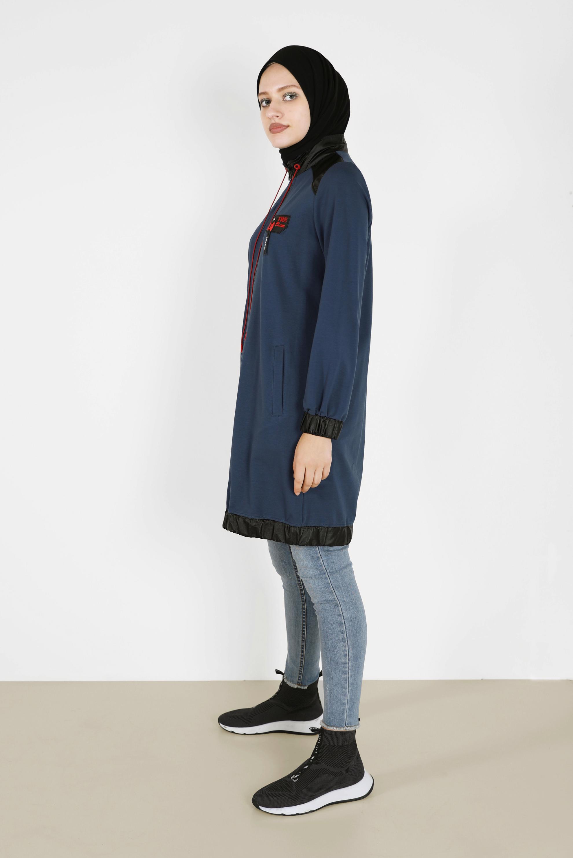 Tesettür giyim MAVİ DERİ DETAYLI FERMUARLI EŞOFMAN TUNİK 42181 