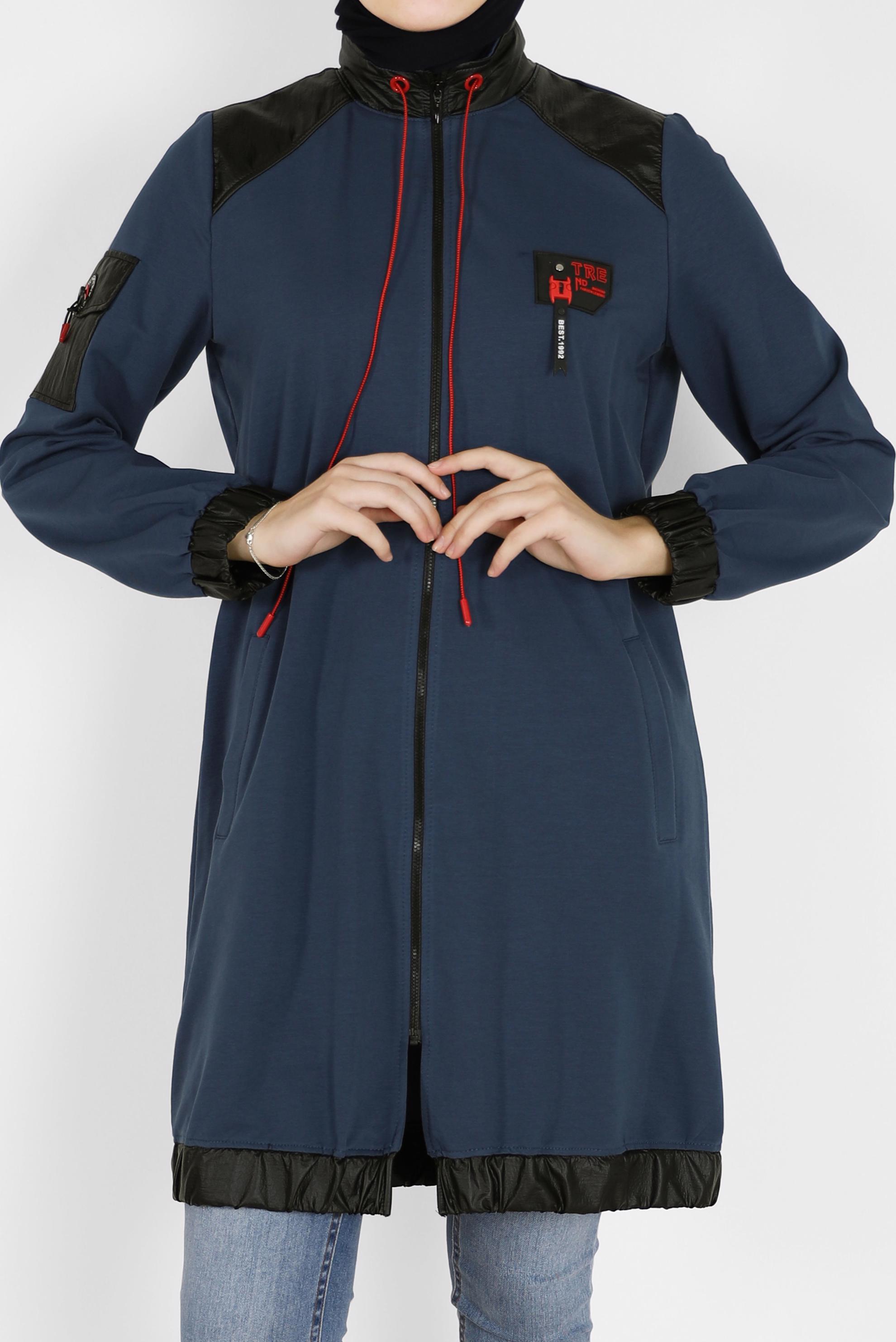 Tesettür giyim MAVİ DERİ DETAYLI FERMUARLI EŞOFMAN TUNİK 42181 