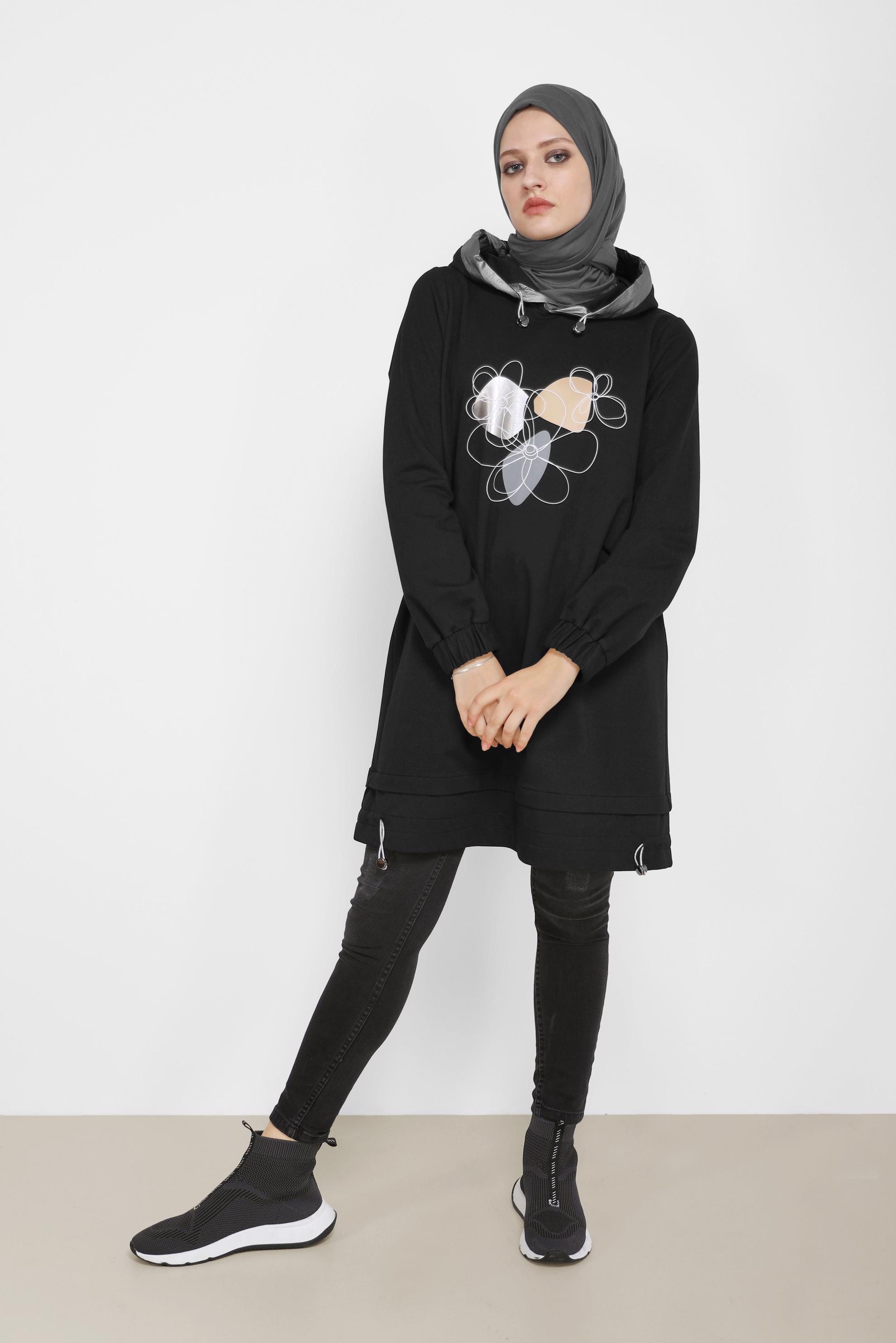 Tesettür giyim SİYAH ÇİÇEK BASKILI KAPÜŞONLU EŞOFMAN TUNİK 42184 