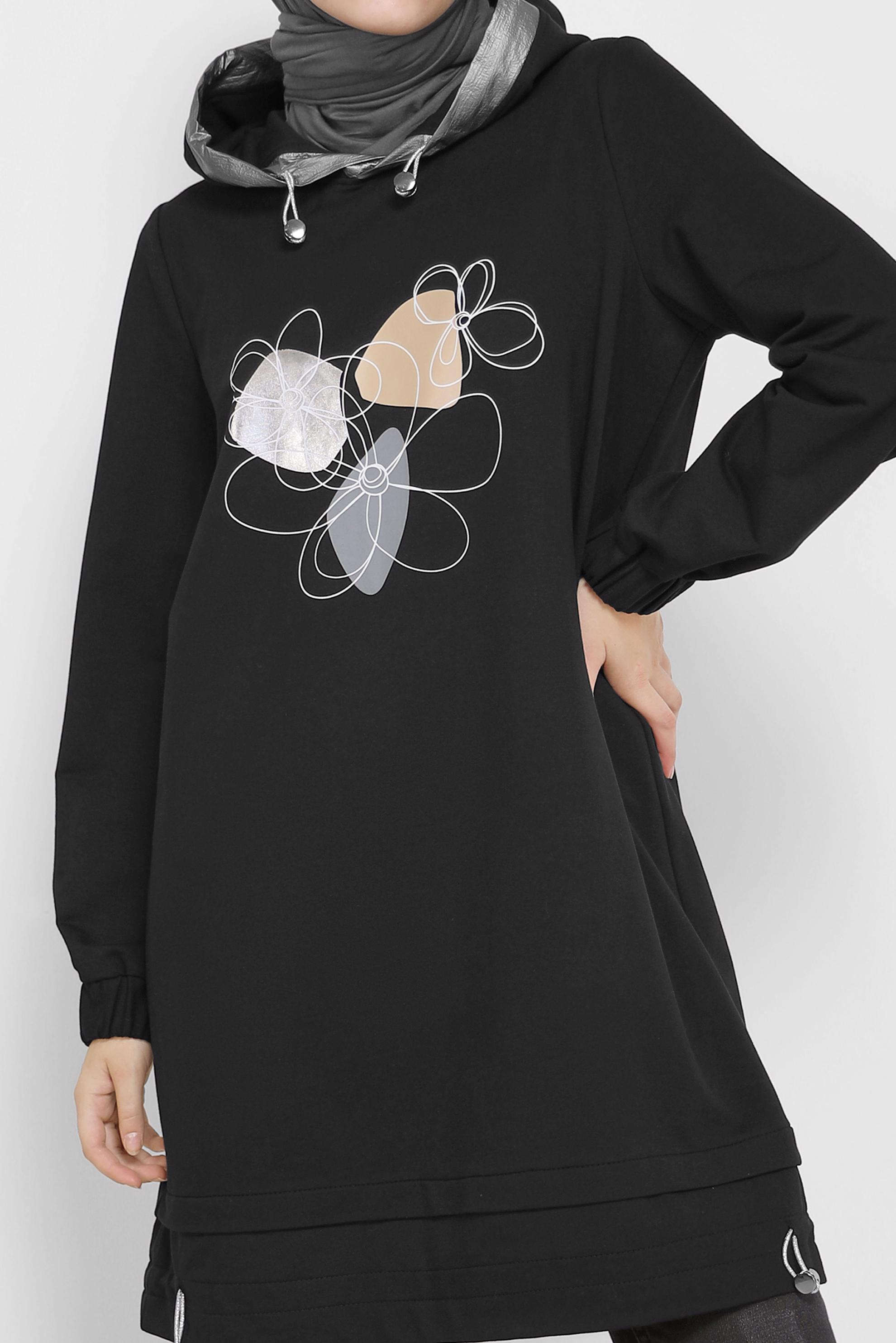 Tesettür giyim SİYAH ÇİÇEK BASKILI KAPÜŞONLU EŞOFMAN TUNİK 42184 