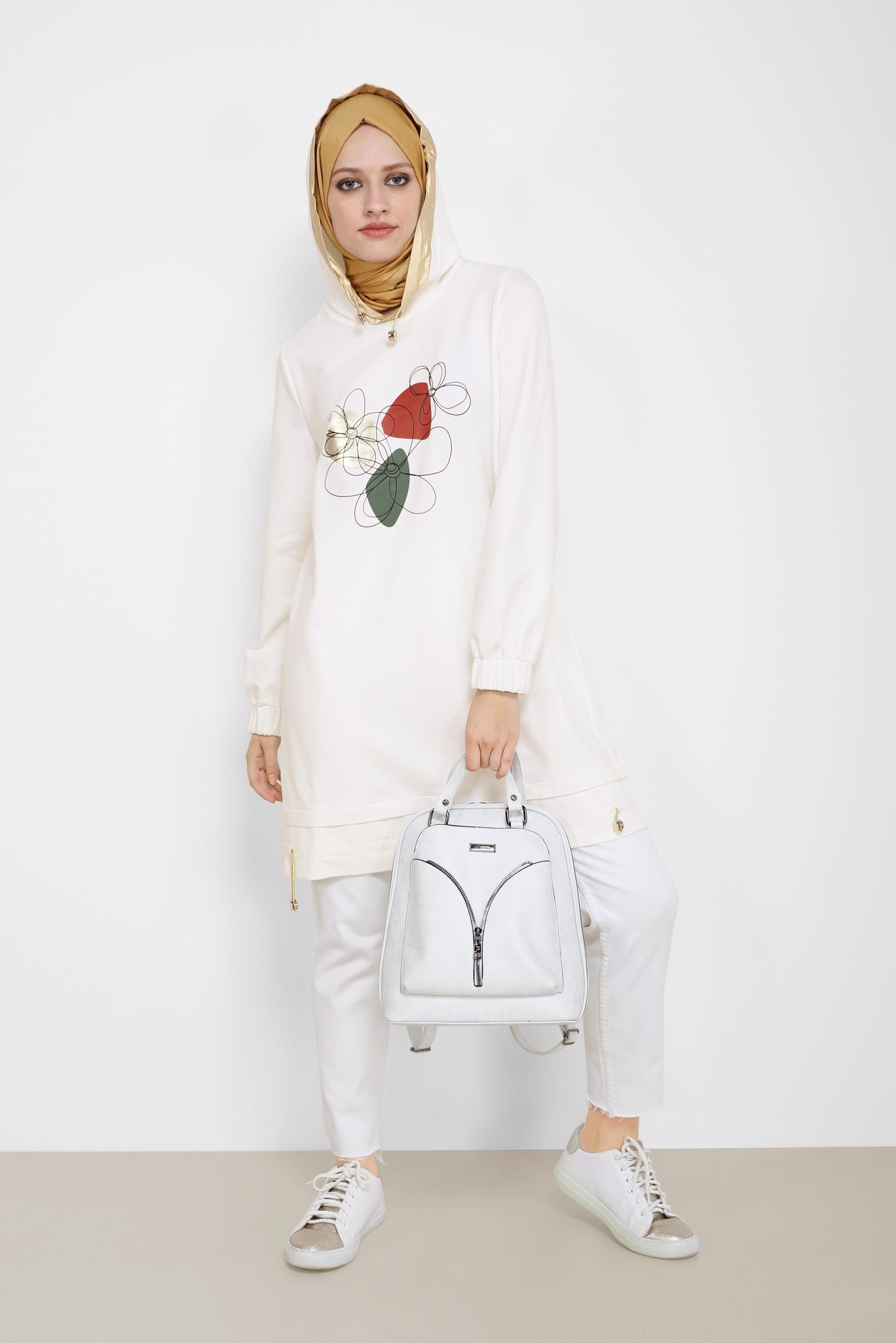 Tesettür giyim BEYAZ ÇİÇEK BASKILI KAPÜŞONLU EŞOFMAN TUNİK 42184 