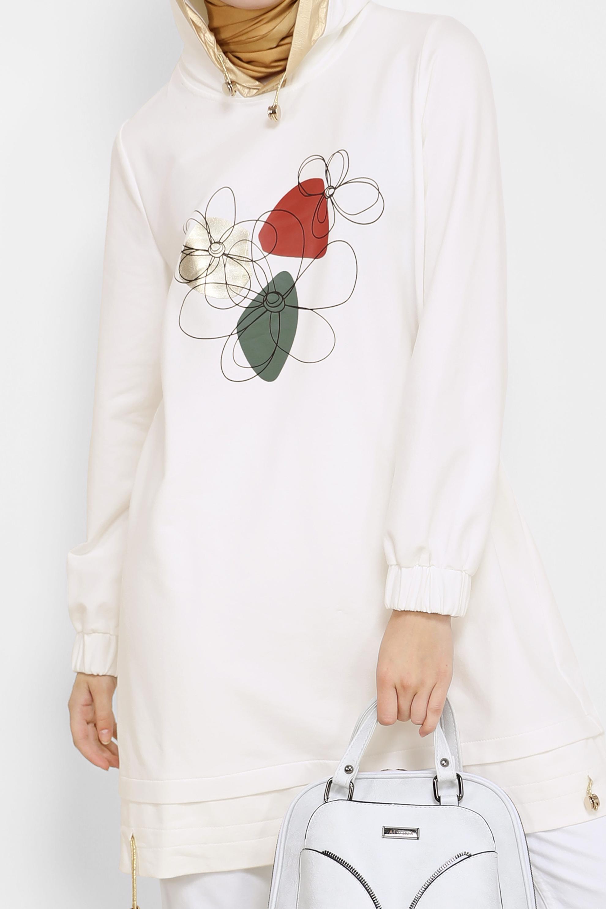 Tesettür giyim BEYAZ ÇİÇEK BASKILI KAPÜŞONLU EŞOFMAN TUNİK 42184 