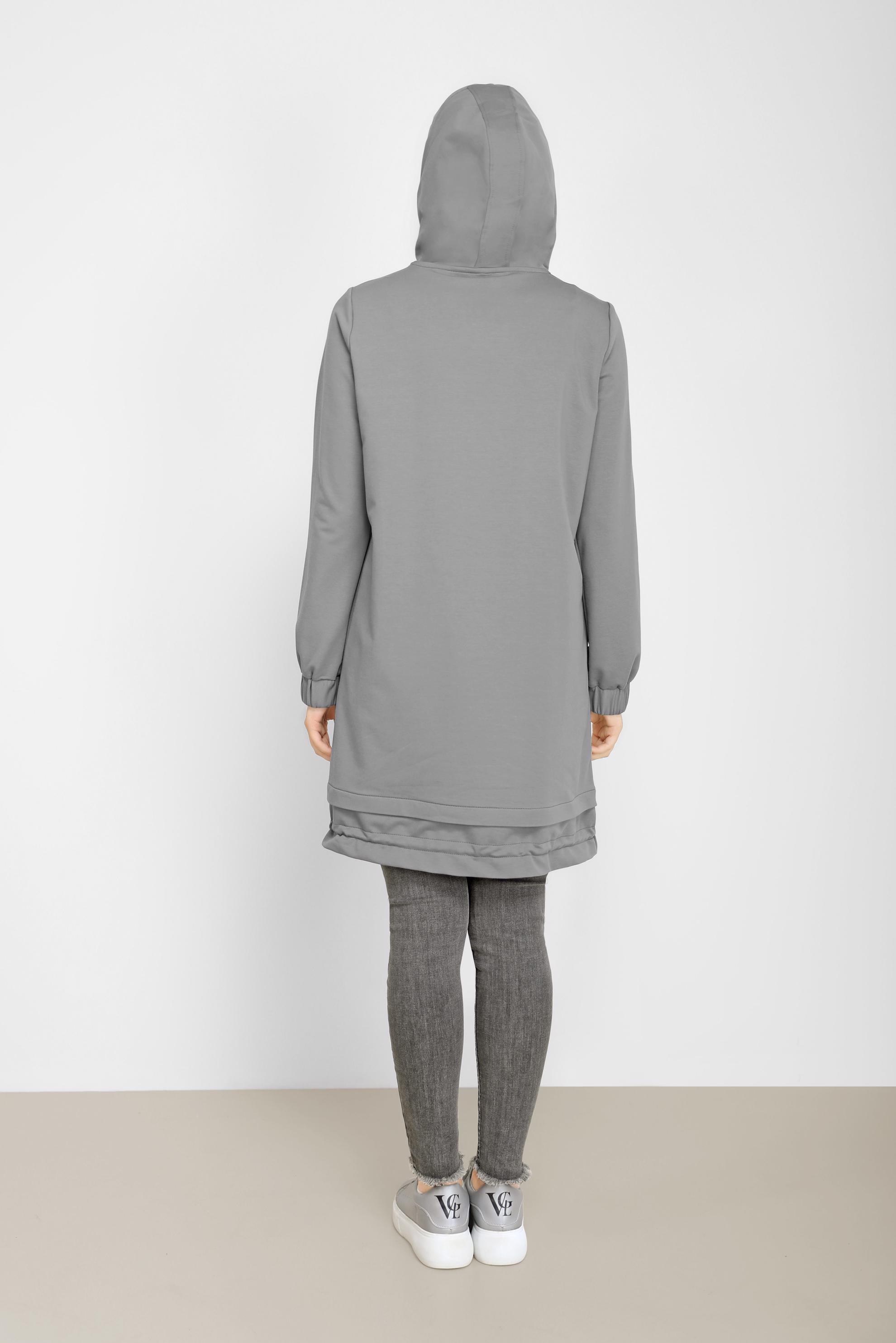 Tesettür giyim GRİ ÇİÇEK BASKILI KAPÜŞONLU EŞOFMAN TUNİK 42184 