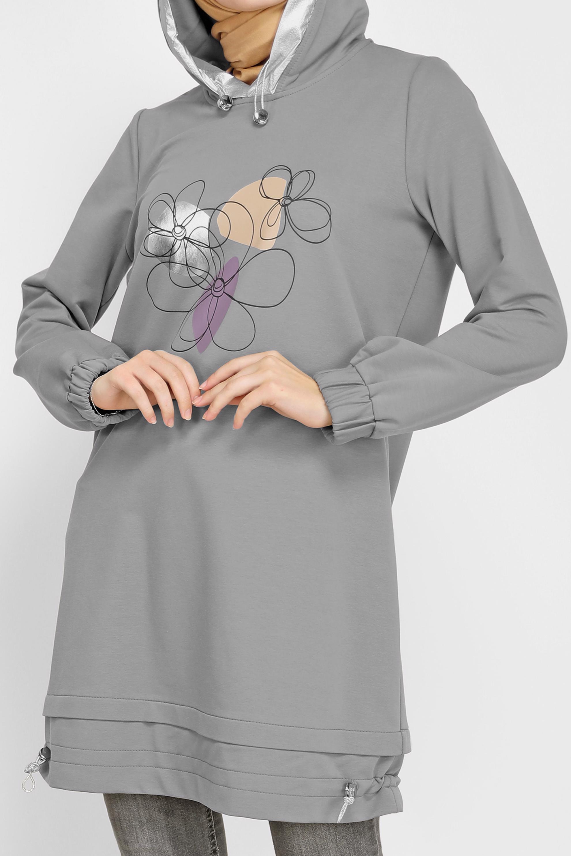 Tesettür giyim GRİ ÇİÇEK BASKILI KAPÜŞONLU EŞOFMAN TUNİK 42184 